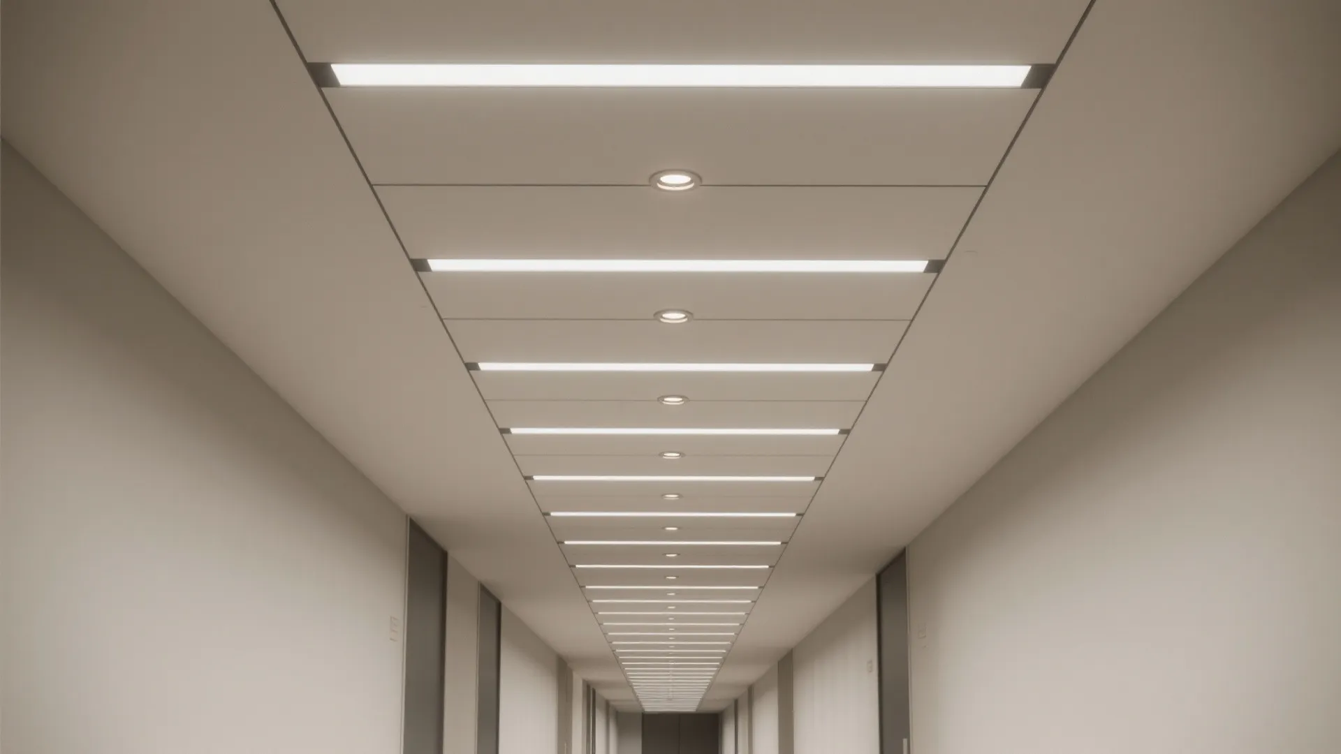 Modern hallway interior with linear ceiling light fixtures and small round spotlights in white corridor