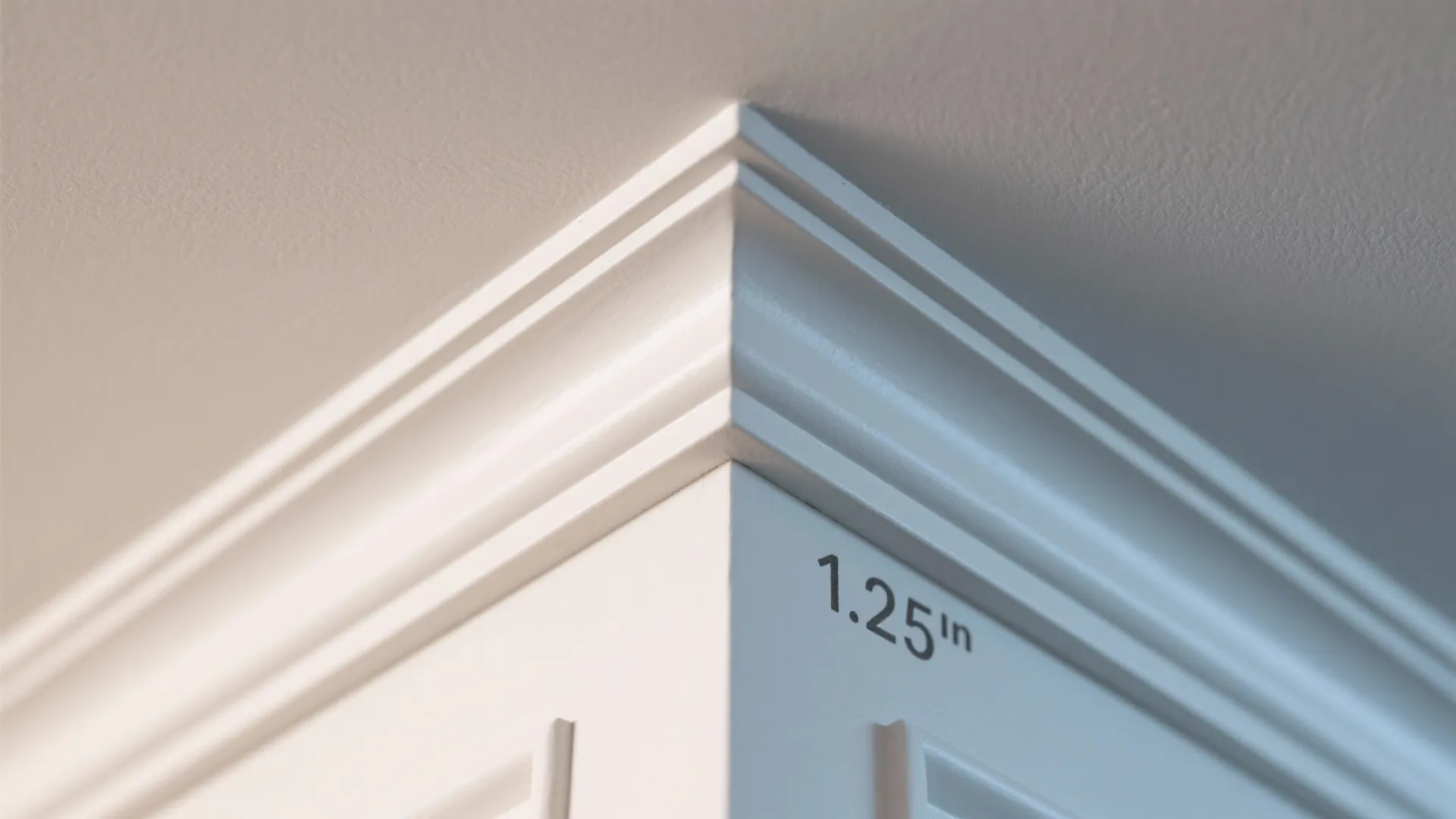 Close-up of white decorative wall panel molding on corner showing a one inch measurement label