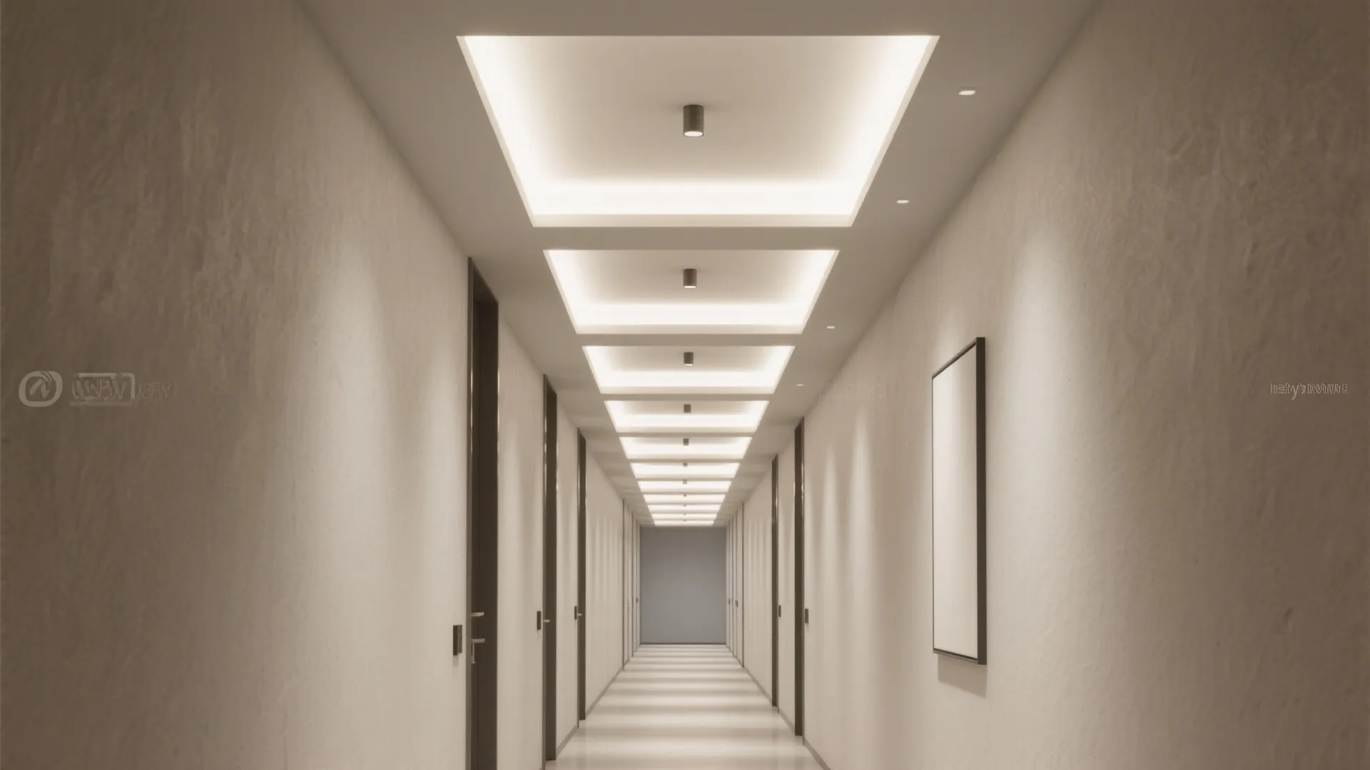 Long white hallway with square recessed ceiling lights and minimalist doors in a modern home