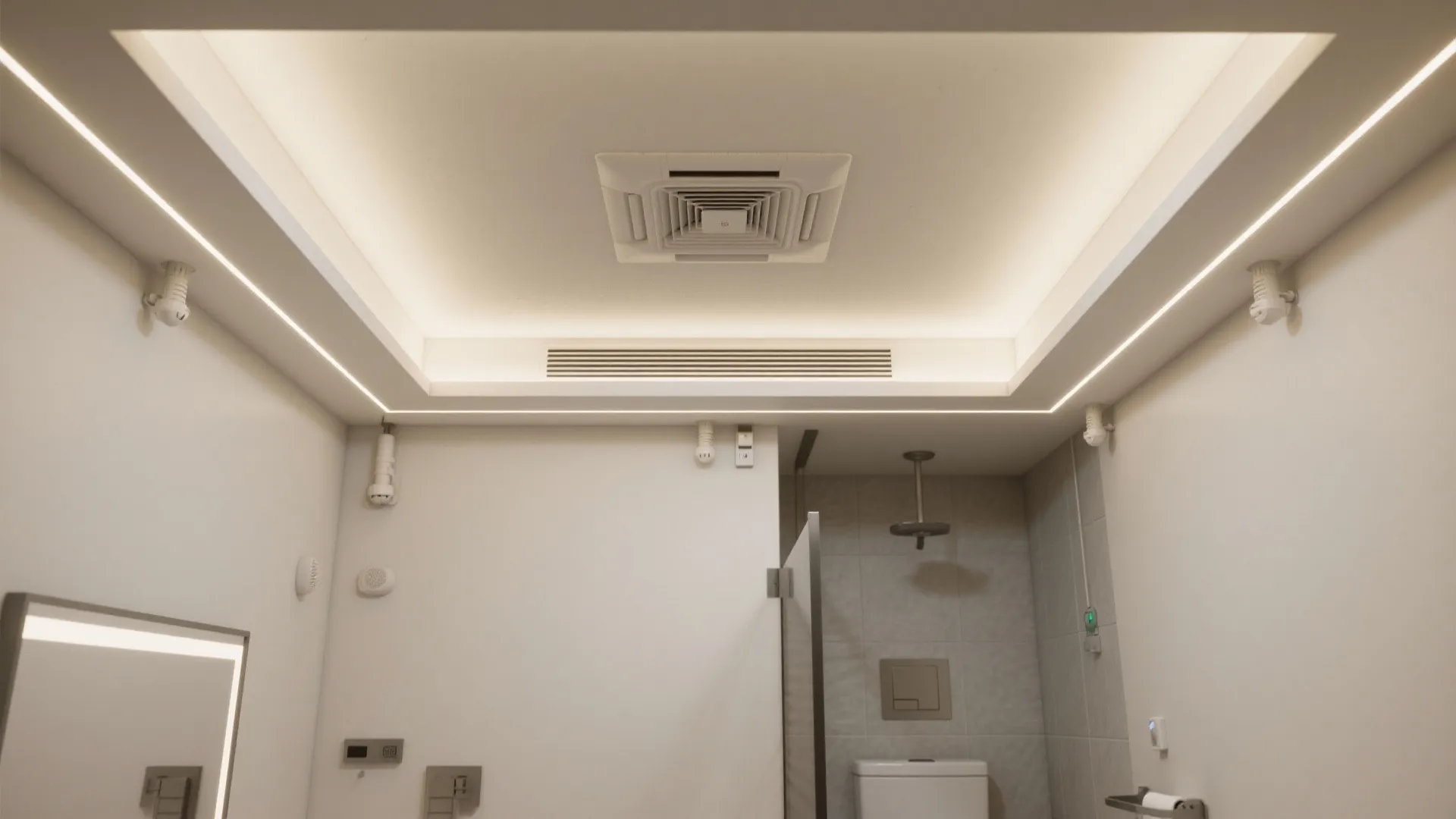 Interior design drawing showing a white ceiling with light fixture, air vent, and bathroom view