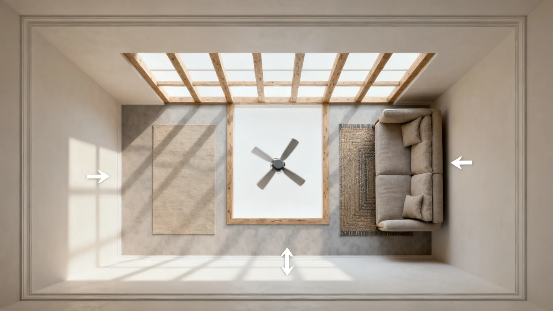 Top-down view of a slim coffered ceiling grid with a central fan pocket over seating.