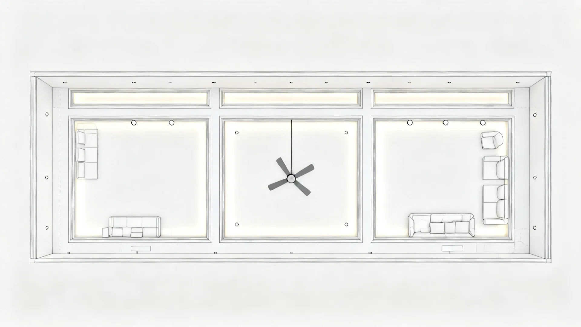 Top down interior design drawing showing room layout with sofas and a single central ceiling fan