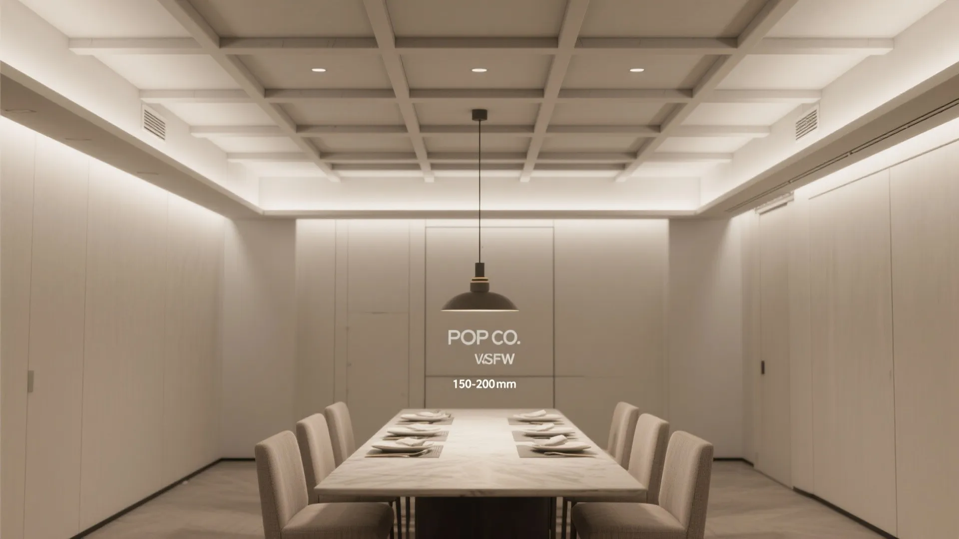 Dining room with long table chairs and a grid ceiling design with warm hidden lights