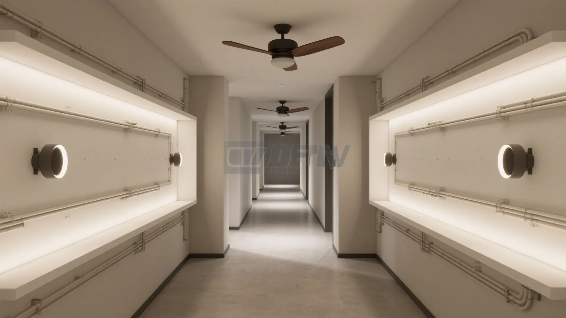 Modern long hallway design with industrial wall lights ceiling fans white walls and warm lighting