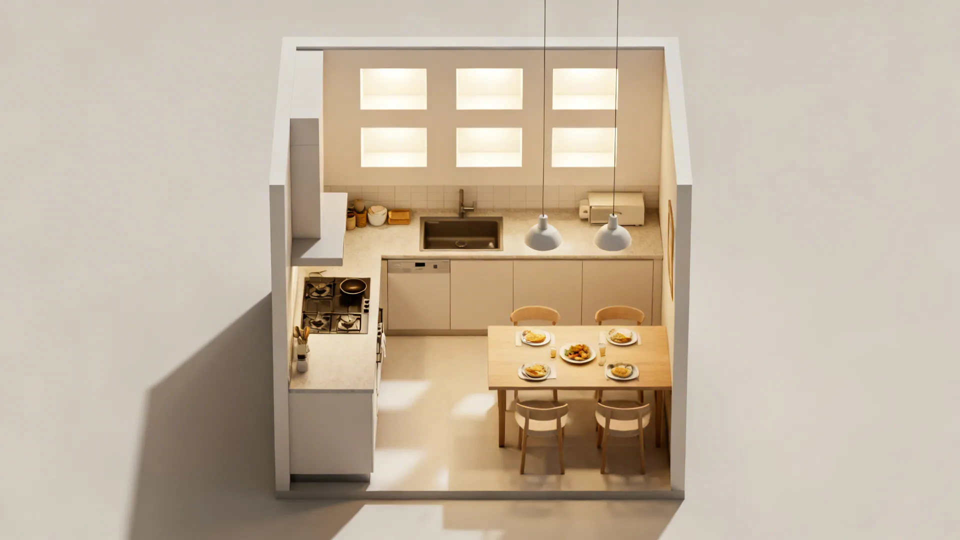 Top-down view of shallow coffered ceiling grid aligned to kitchen zones.