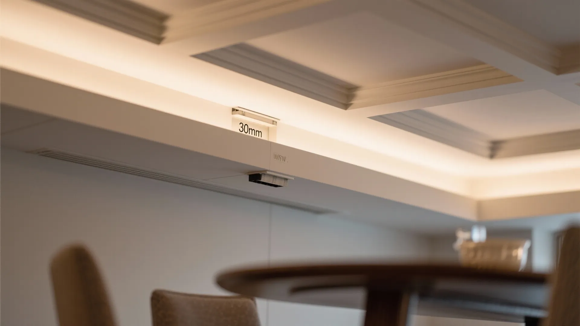 Layered coffer ceiling with concealed tracks