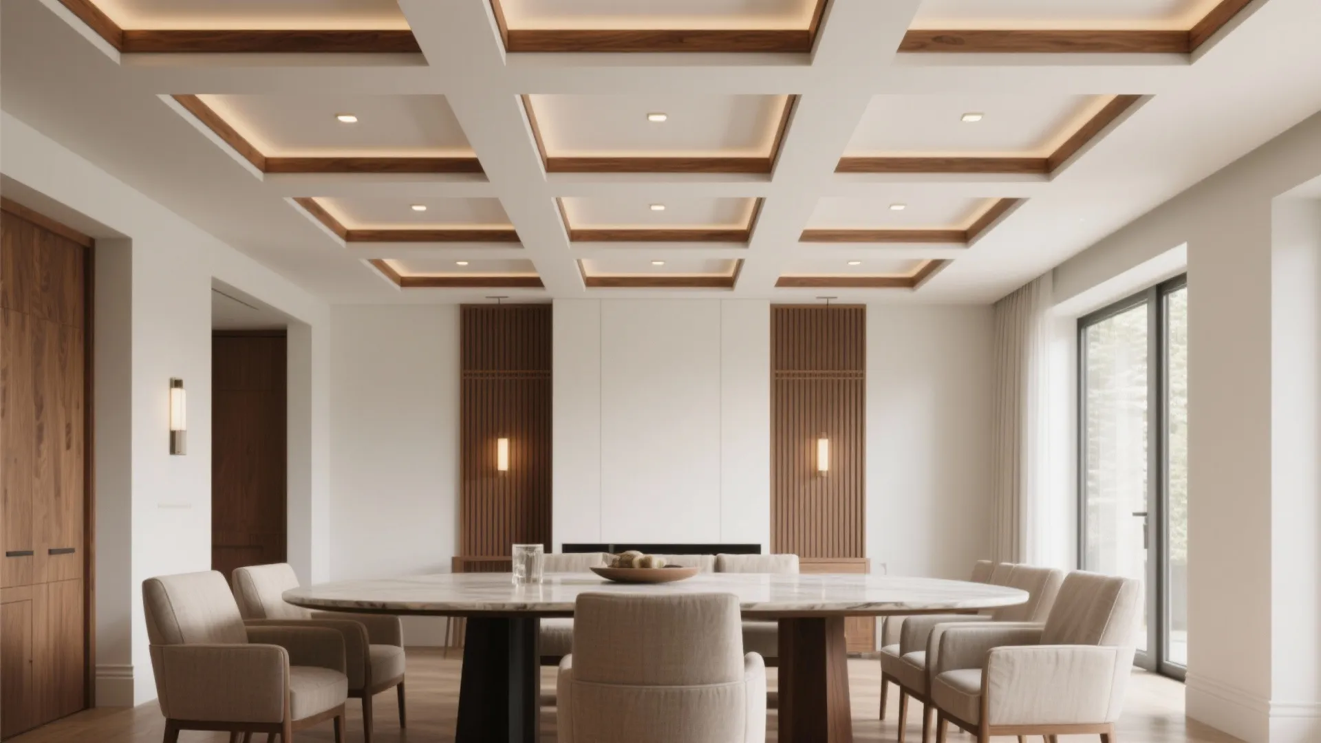 Coffered POP Ceiling with Warm Wood Accents