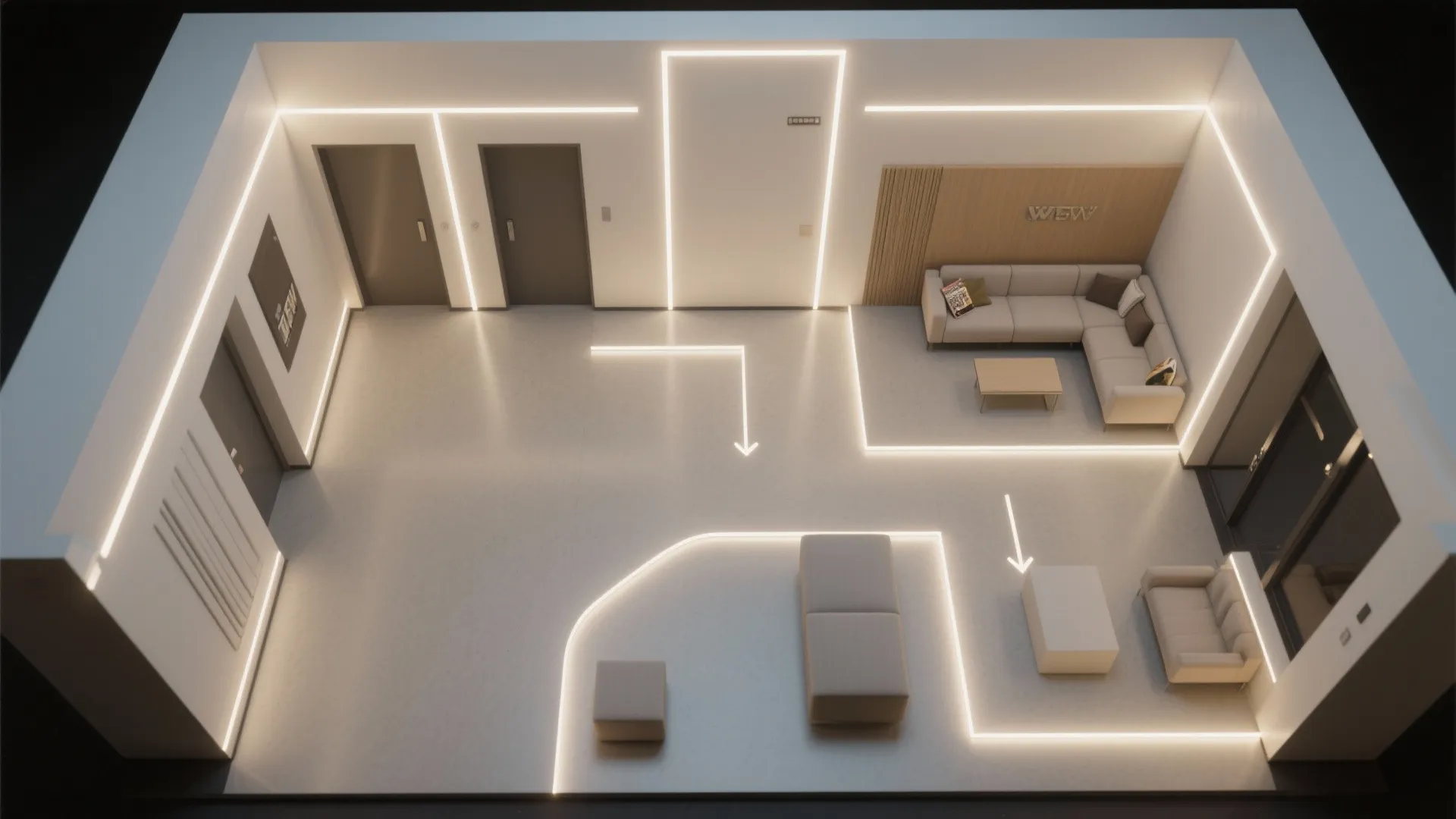 Top-down view of hall with linear LED coffers defining lounge and reading zones through light channels.
