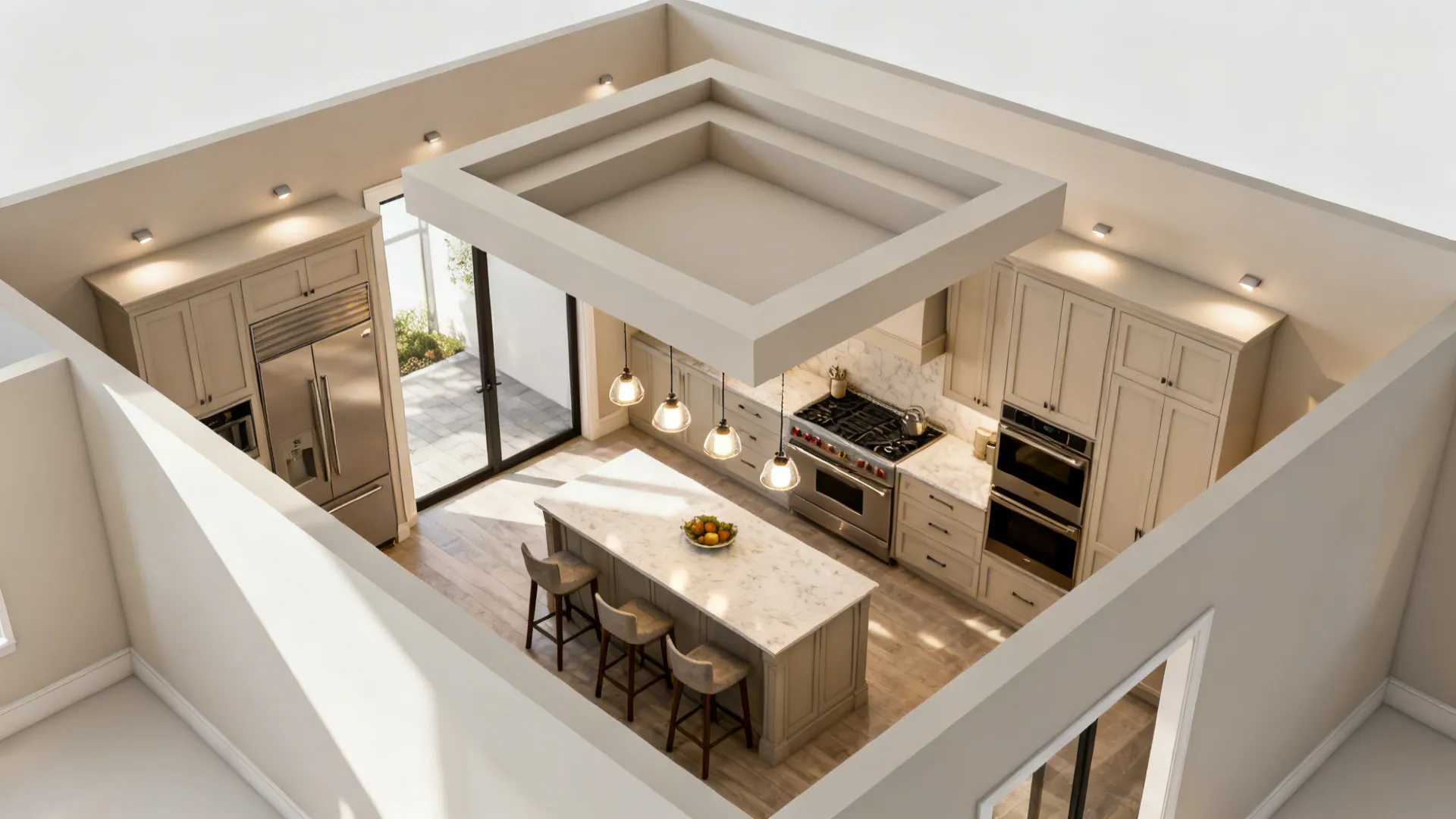 Top-down view showing a dropped coffer over an island and flush ceiling over the cookline.