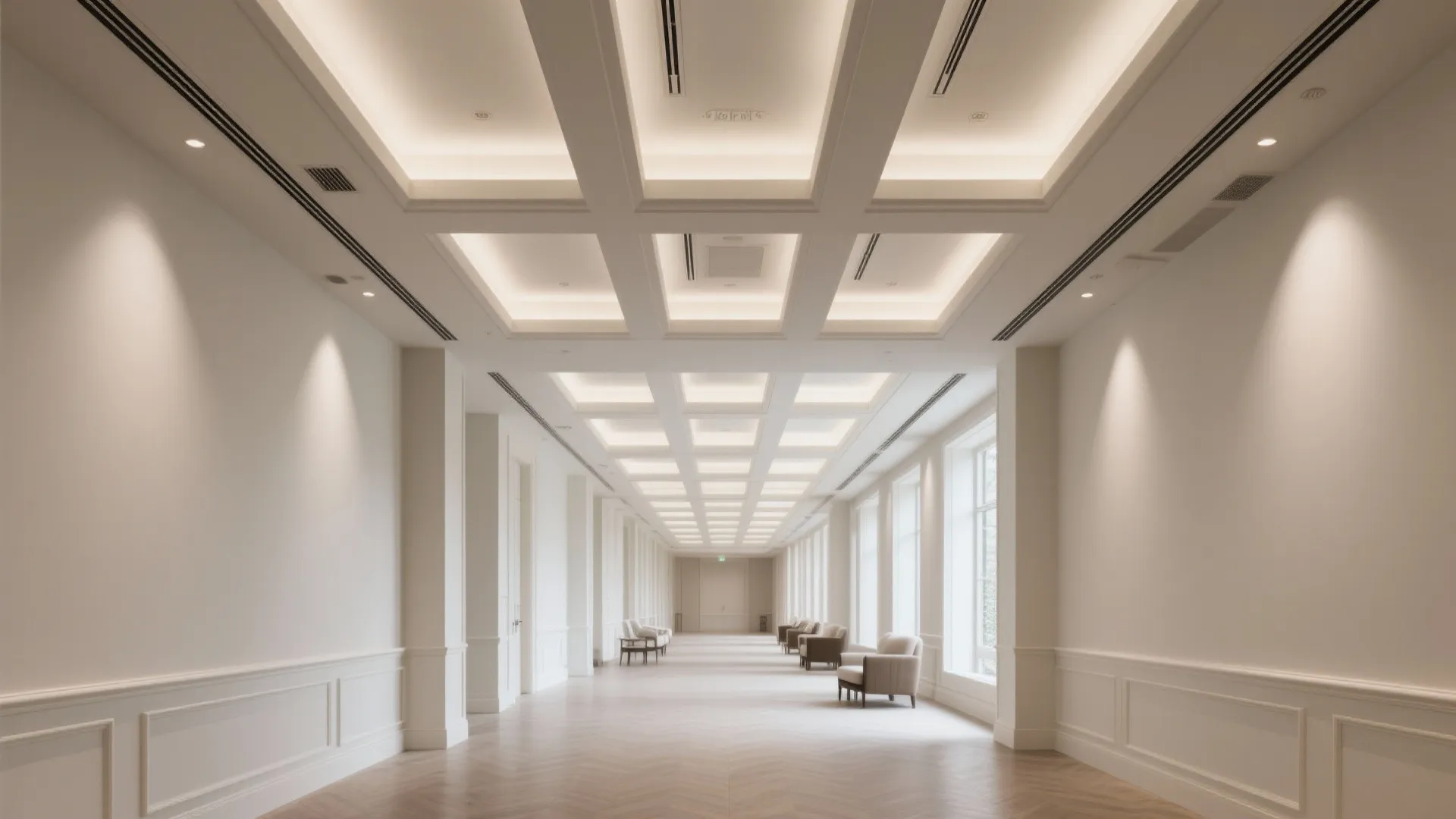 Long white hallway with grid ceiling showing hidden light fixtures and several small side chairs
