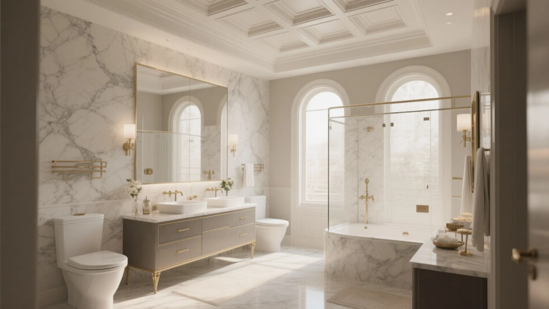 Elegant marble bathroom with white coffered ceiling, double sink vanity, large mirror, and arched windows