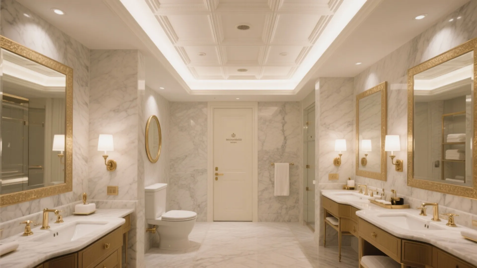 Luxury white marble bathroom featuring gold fixtures double sinks toilet and a recessed grid ceiling