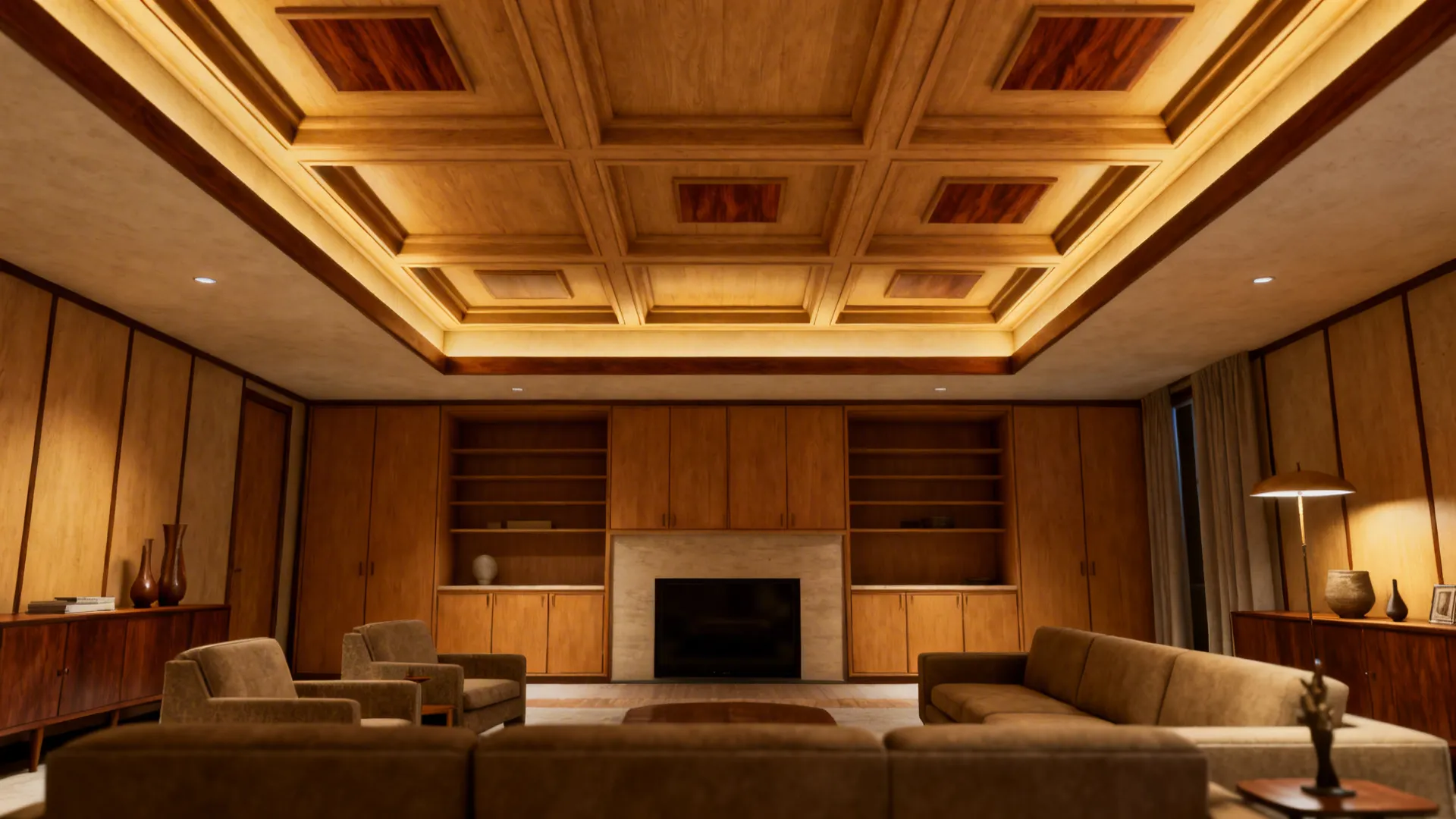 Elegant living room with shallow coffered ceiling and walnut insets above seating