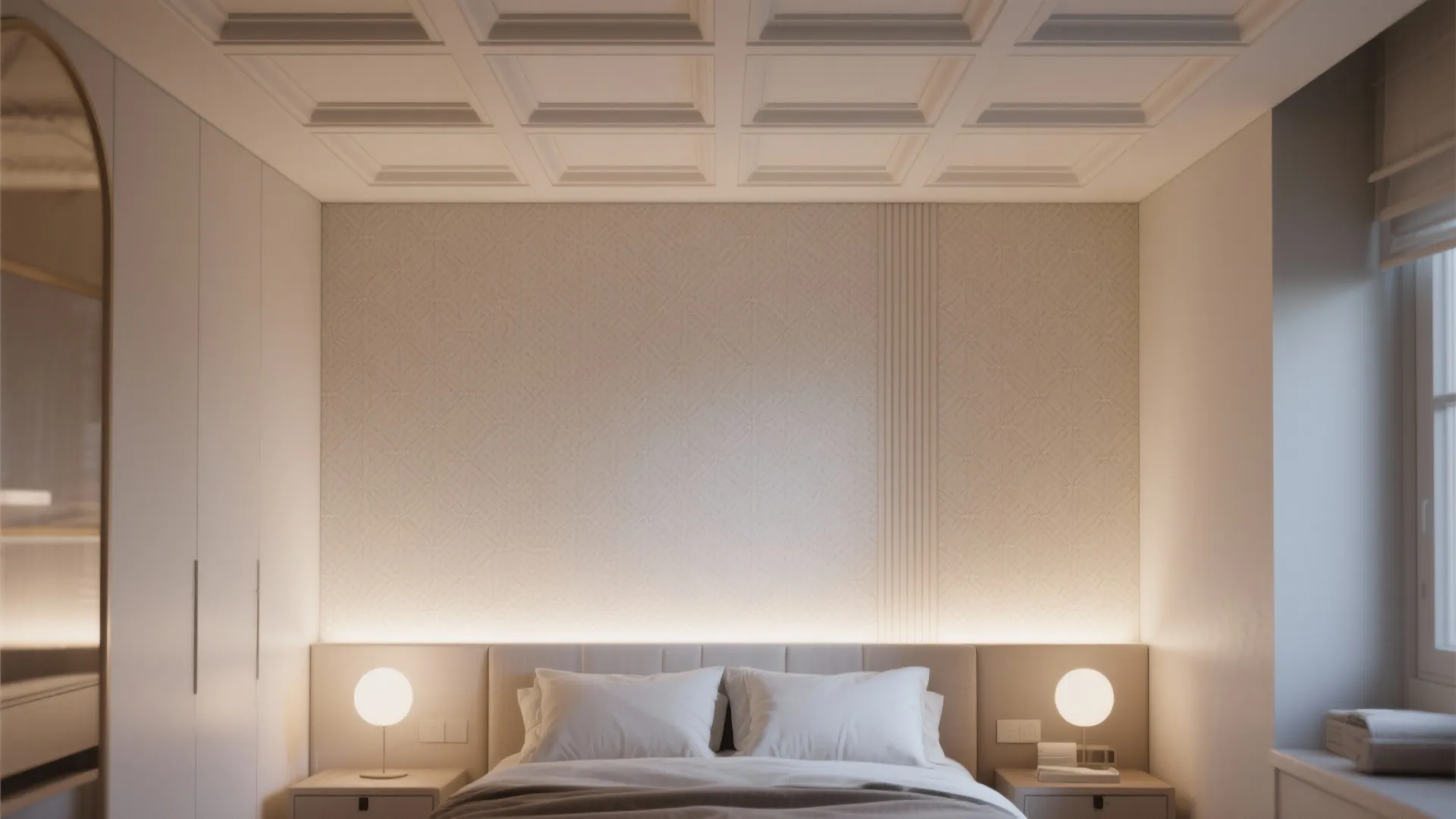Modern bedroom with a white grid ceiling design warm wall lights and a comfortable large bed