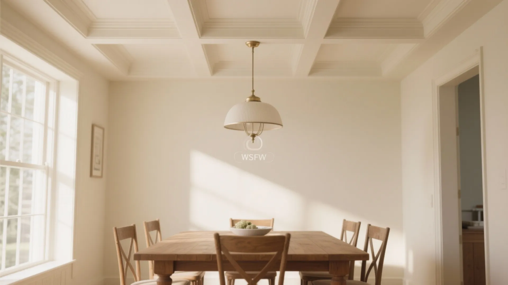 White dining room with grid pattern ceiling design hanging ceiling light wooden table and chairs