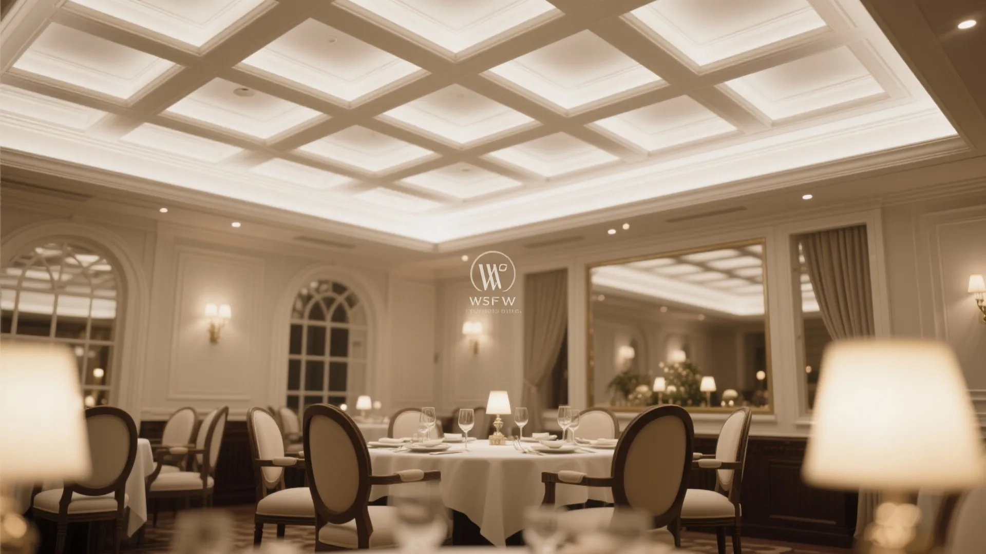 Elegant restaurant interior with white grid ceiling light design warm wall lights and round tables
