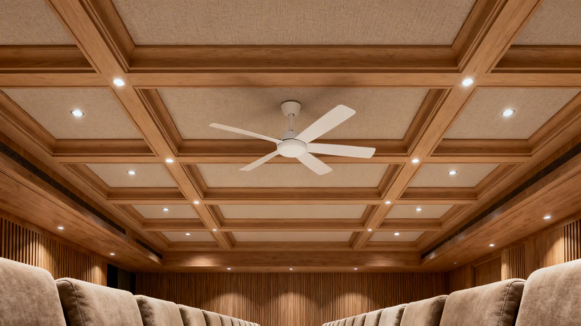 Coffered ceiling grid with acoustic panels and a centered matte white fan in a refined living room.