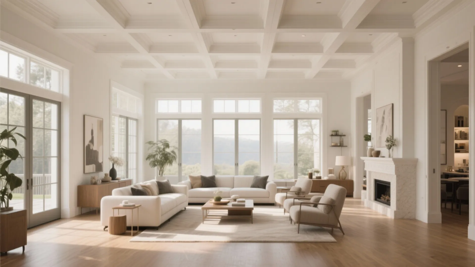 Bright living room with white sofas a wooden coffee table fireplace and white square ceiling panels