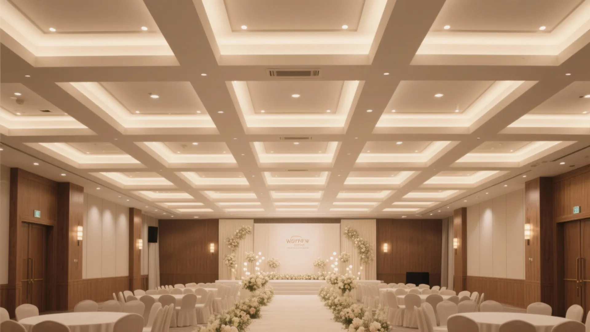 Large wedding hall featuring grid ceiling lights white tables and chairs with white floral decorations
