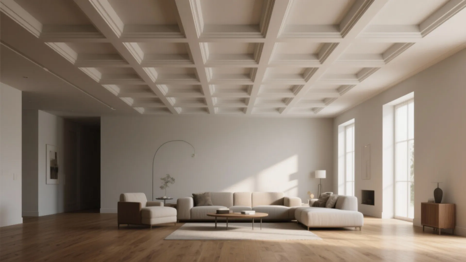 Spacious living room featuring white grid ceiling design with wood floors and large bright windows