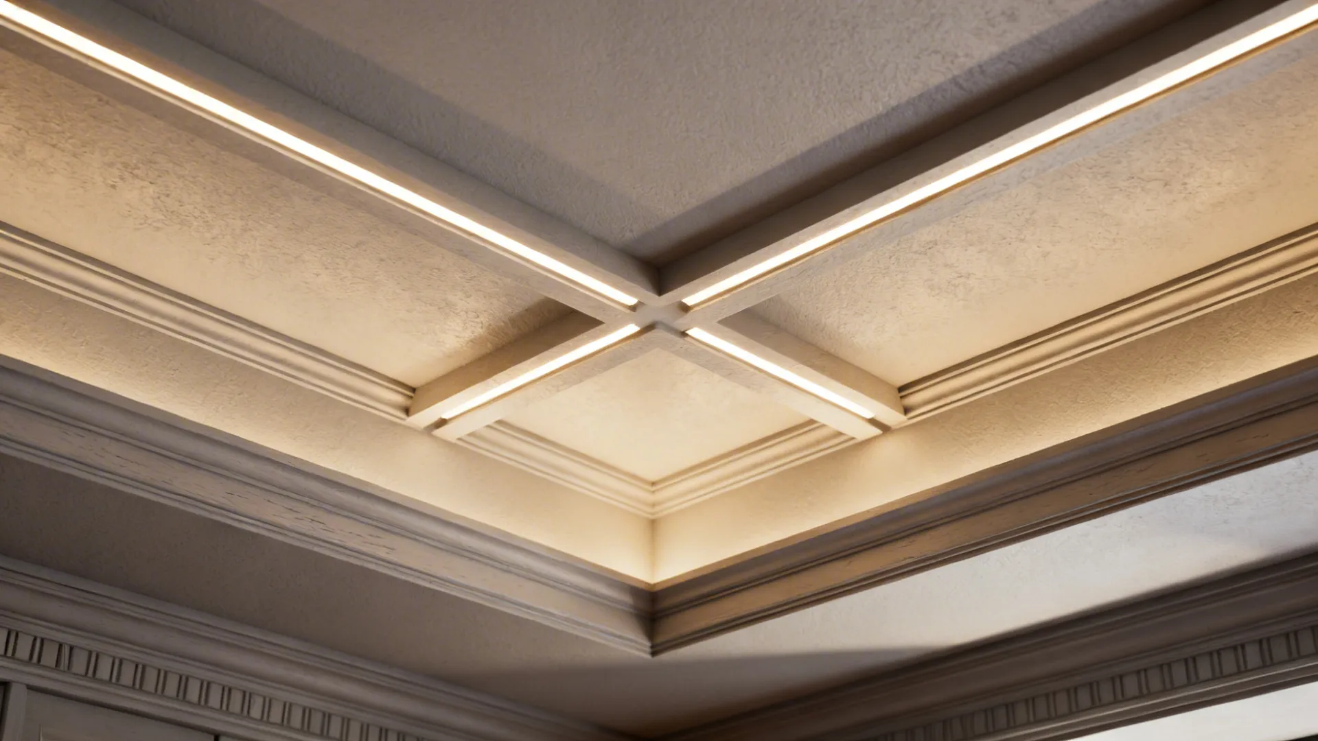 Detail of a layered coffered ceiling with recessed grid and integrated LED cove lighting.