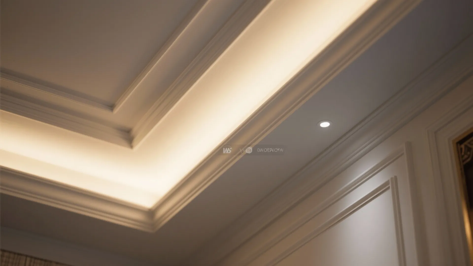 Close up of white ceiling design with hidden warm lights and decorative wall panel details