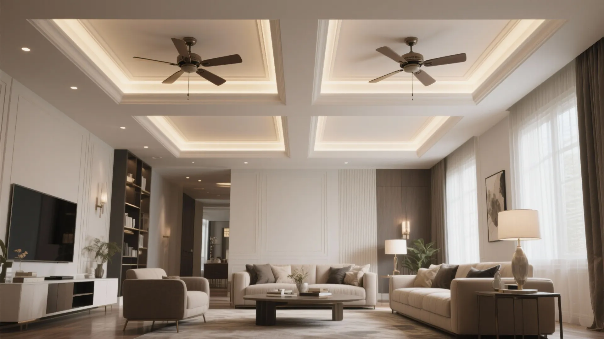 Spacious living room featuring four recessed ceiling sections with two fans and comfortable beige sofas