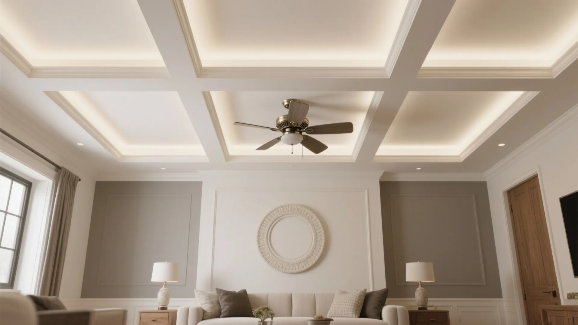 Elegant living room with a brown ceiling fan and warm light fixtures in white recessed squares