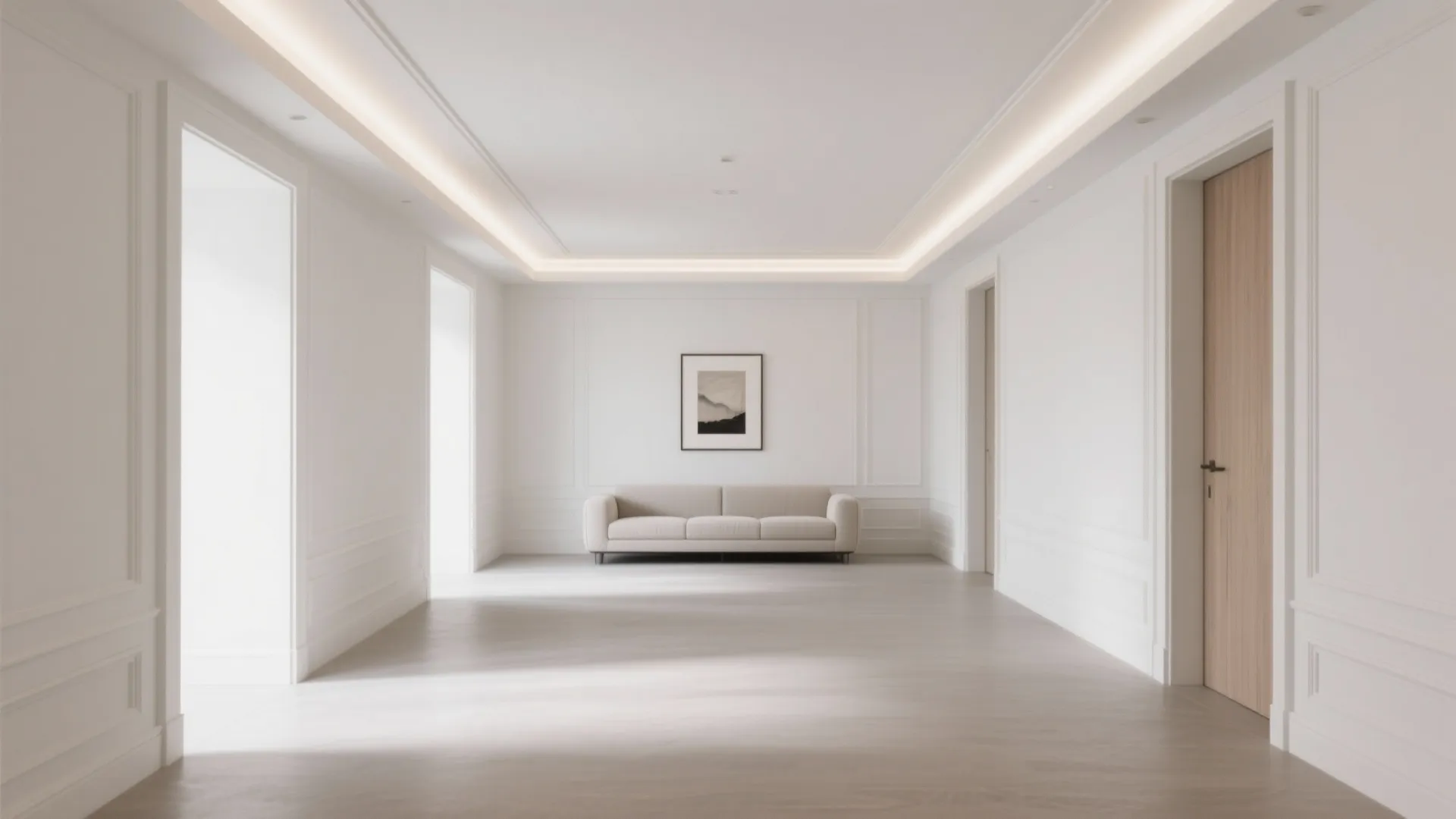 Modern white living room featuring wall panel design beige sofa wooden door and hidden lighting