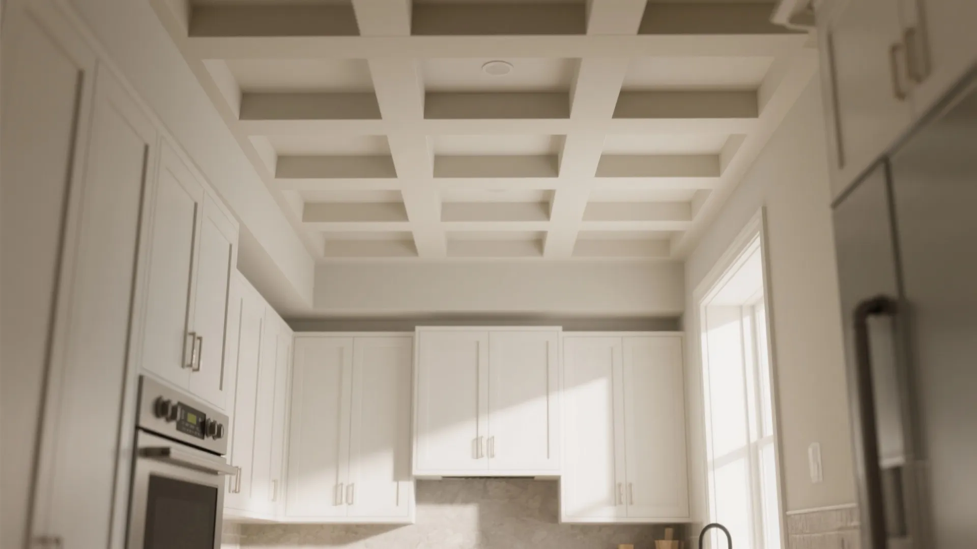 White kitchen interior featuring a decorative grid ceiling design with white cabinets and a large window