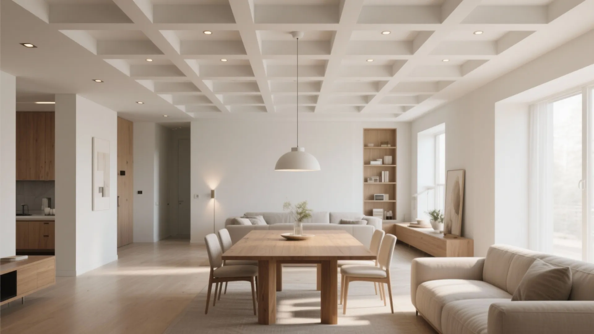 Coffered grid to zone living and dining with character