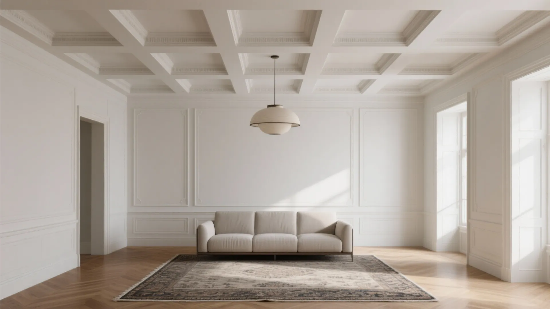 Coffered plaster ceiling for crisp geometry and classic polish
