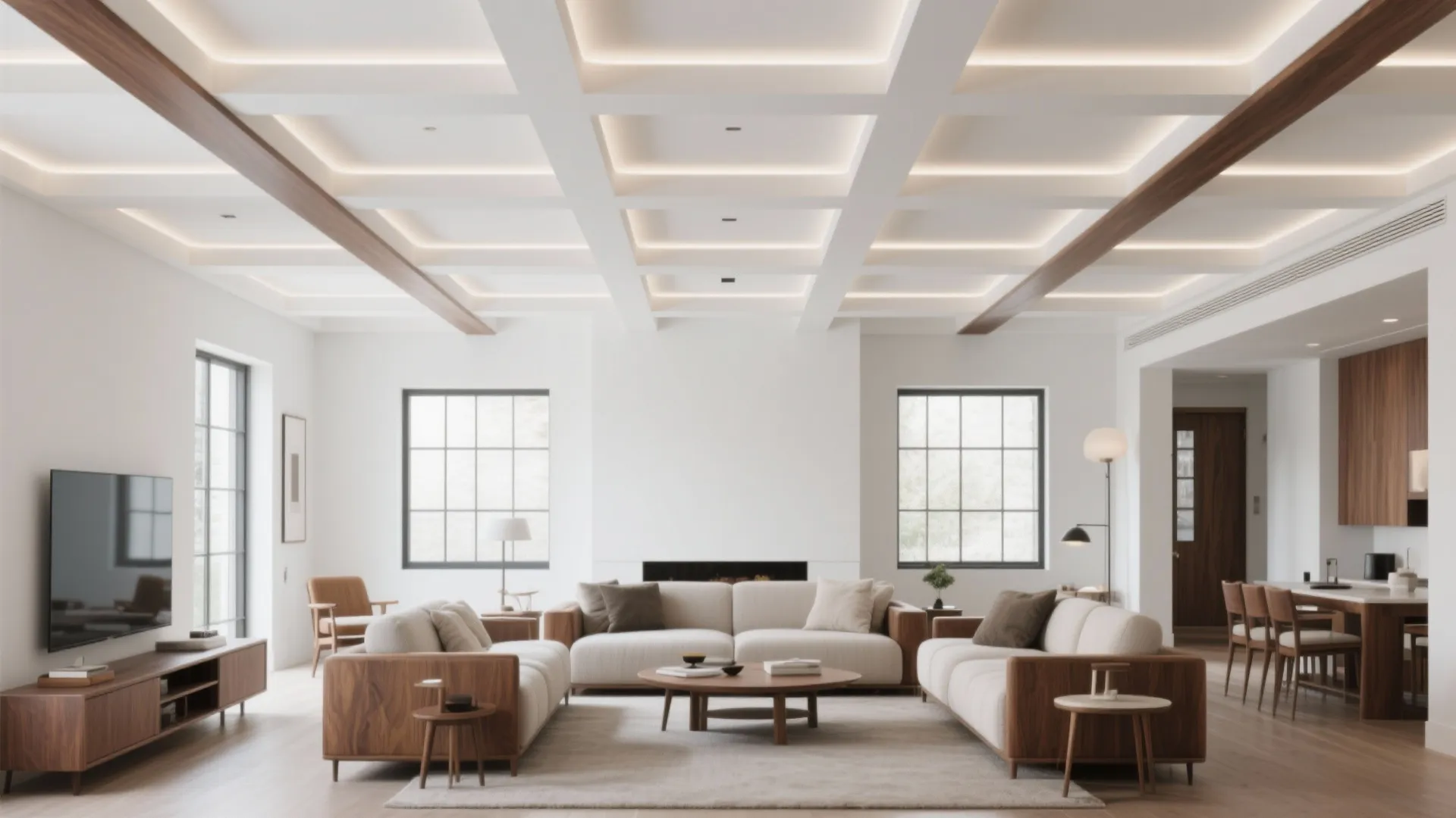 Spacious living room with white grid ceiling light wood furniture soft sofas and large windows