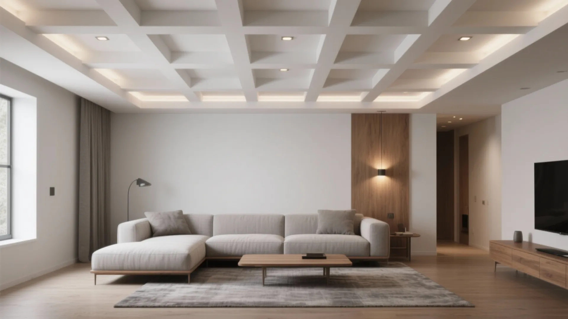 Modern living room featuring a white grid ceiling with hidden lights sofa and wood floor
