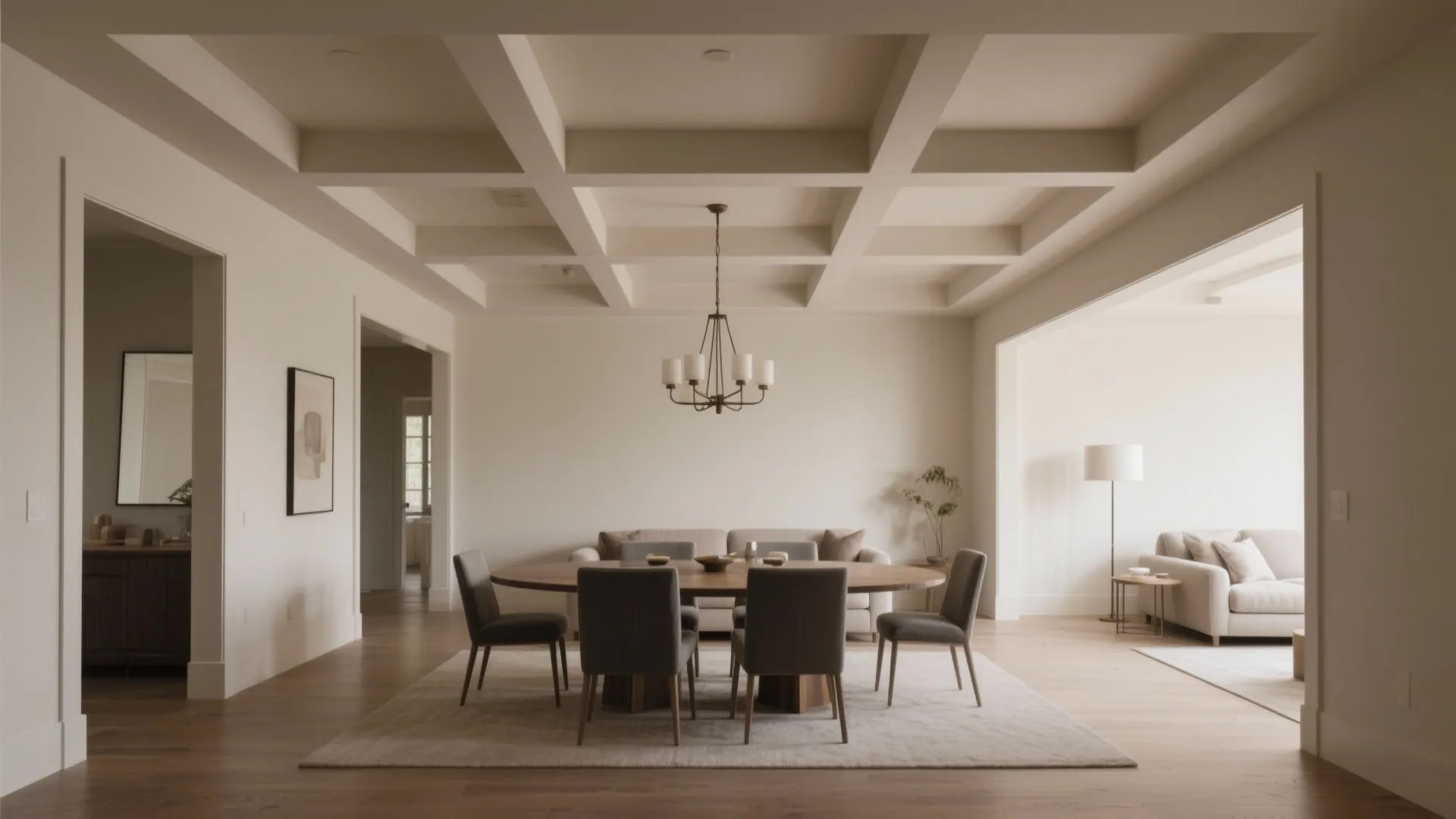 Spacious dining room with wooden table grey chairs hanging ceiling light and white grid ceiling