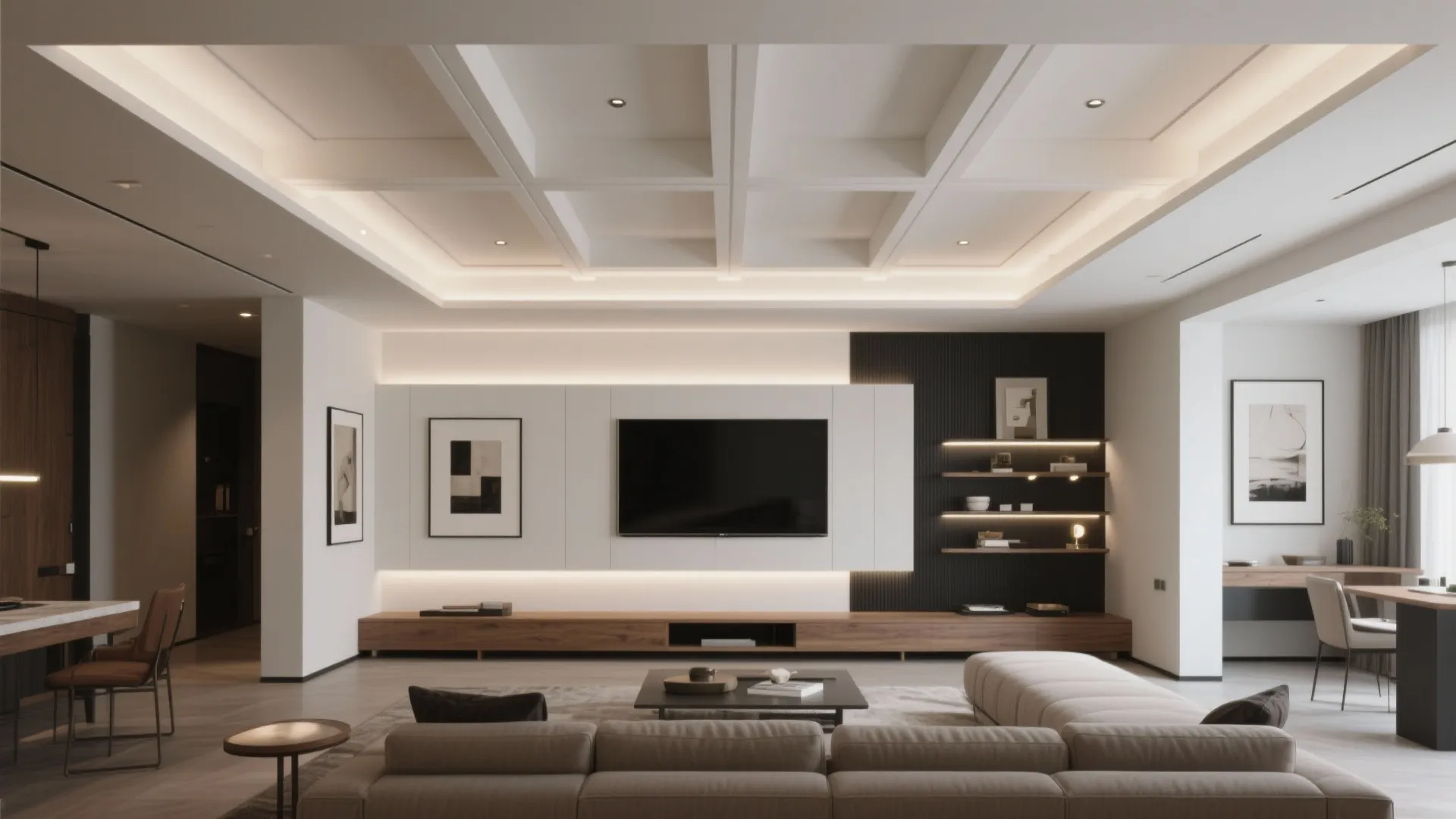 Sleek Coffered Grid to Zone the TV Hall