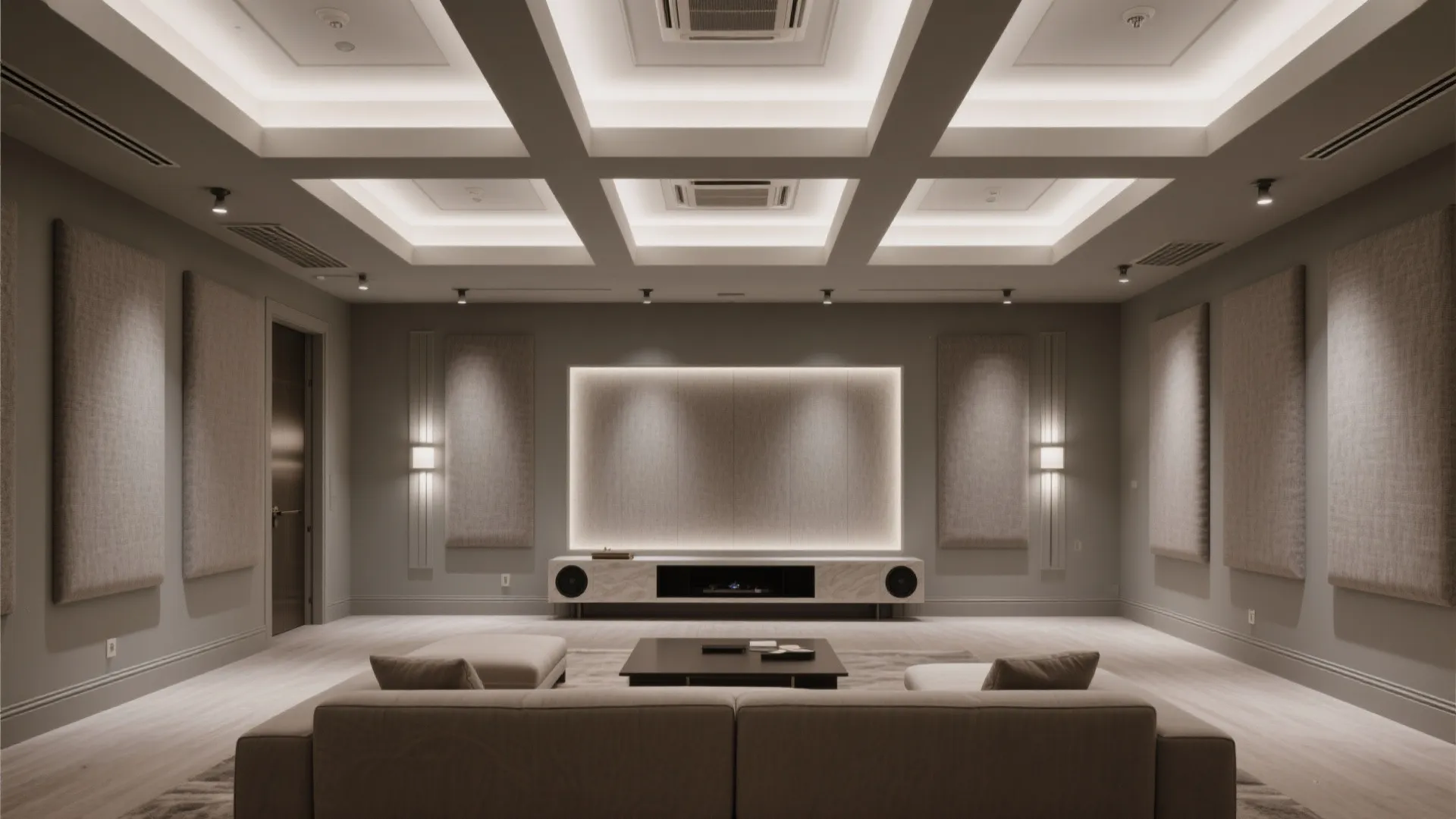 Hall with coffered grid ceiling and fabric acoustic panels for a tailored look.