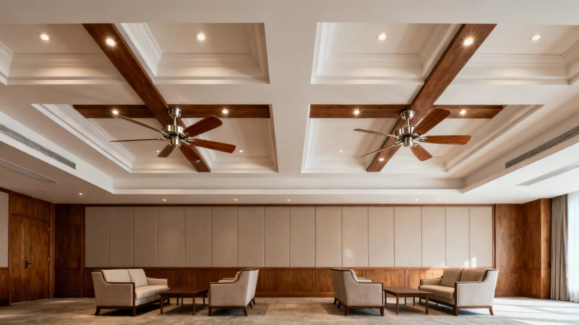 Symmetrical coffered ceiling with two fans centered in coffers and subtle spotlights in cross-beams.
