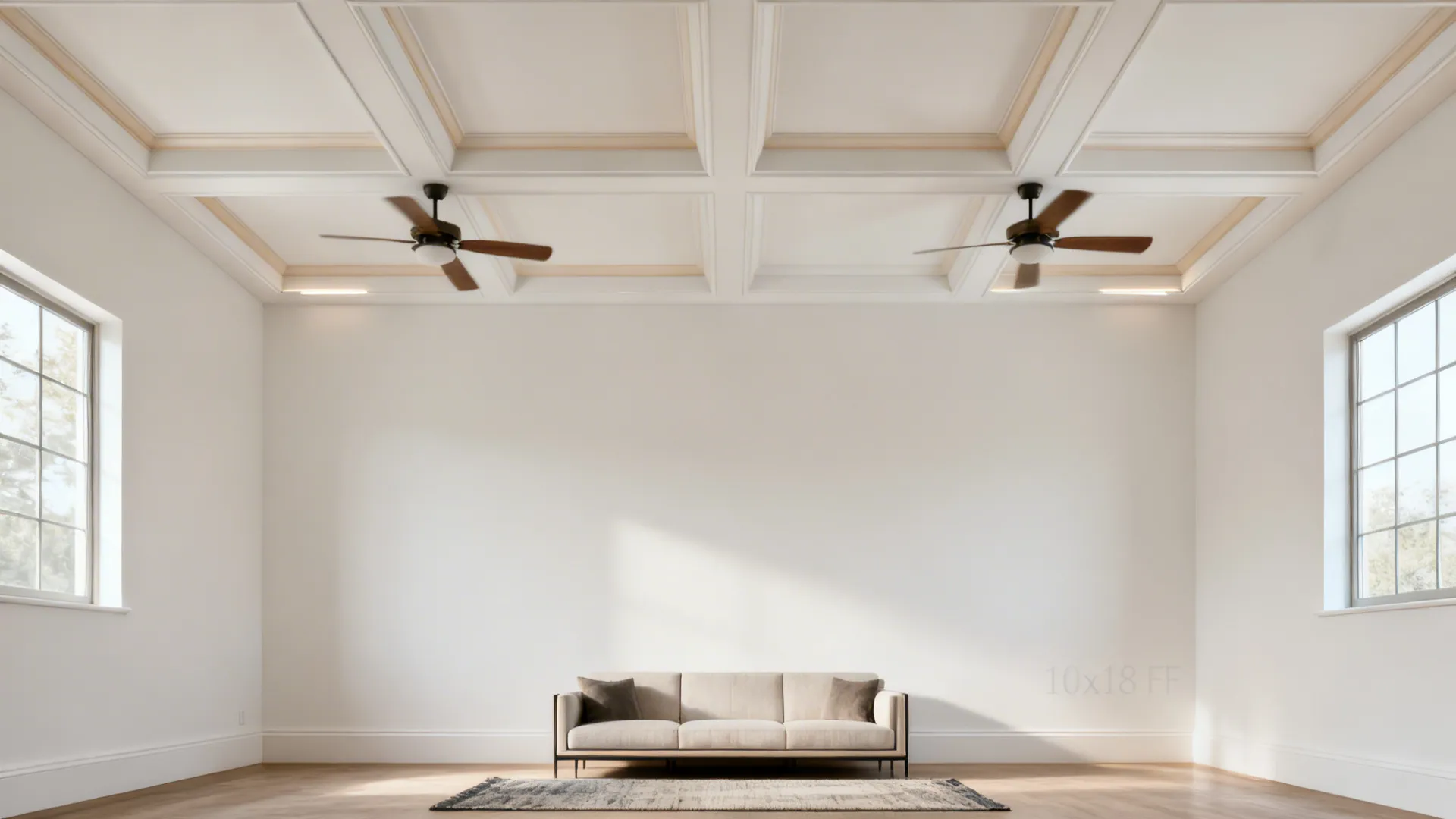 Shallow coffered ceiling grid aligning two ceiling fans over a long living room.