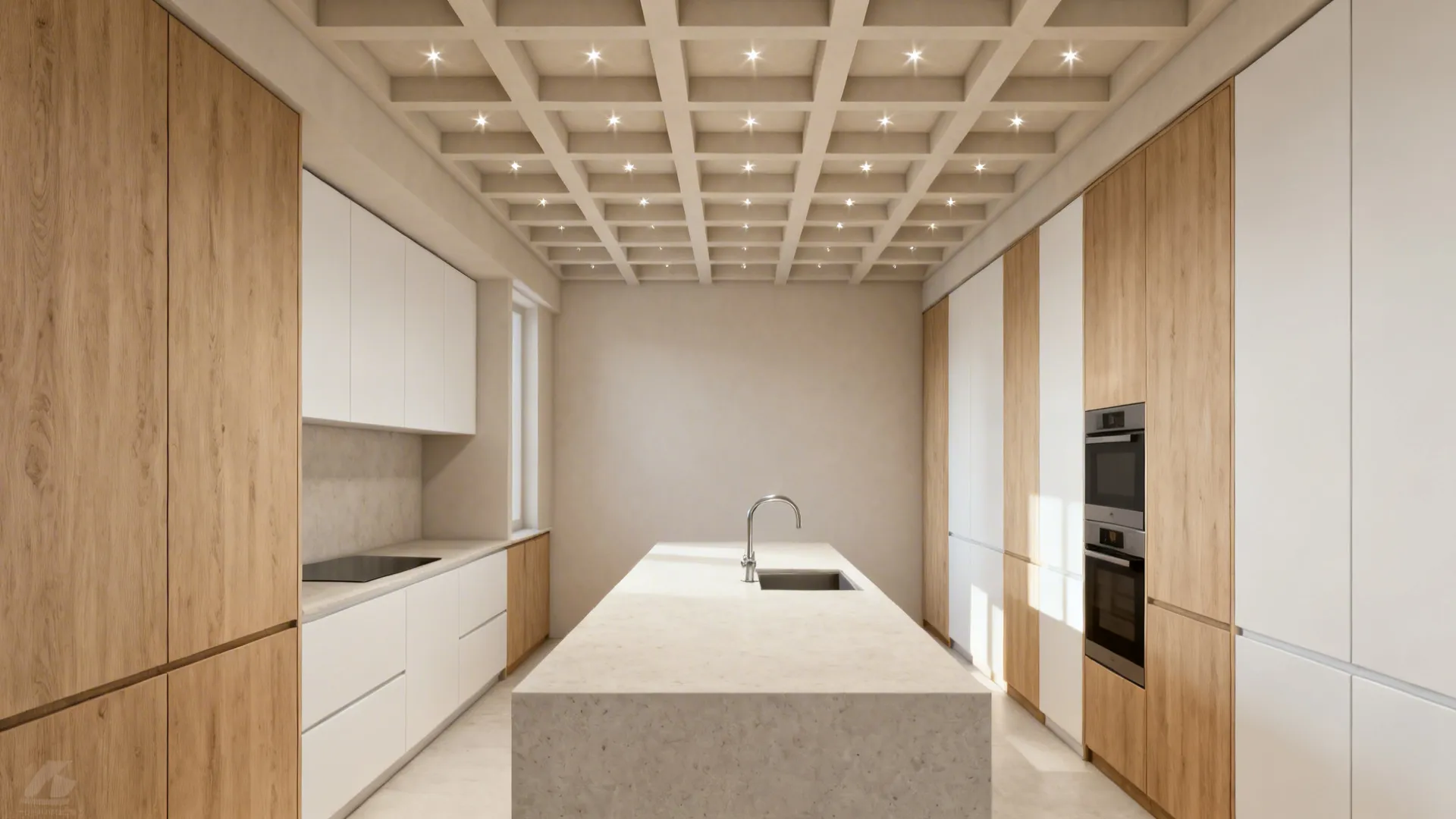 Galley kitchen with shallow coffered grid ceiling and micro-downlights aligned to task zones.