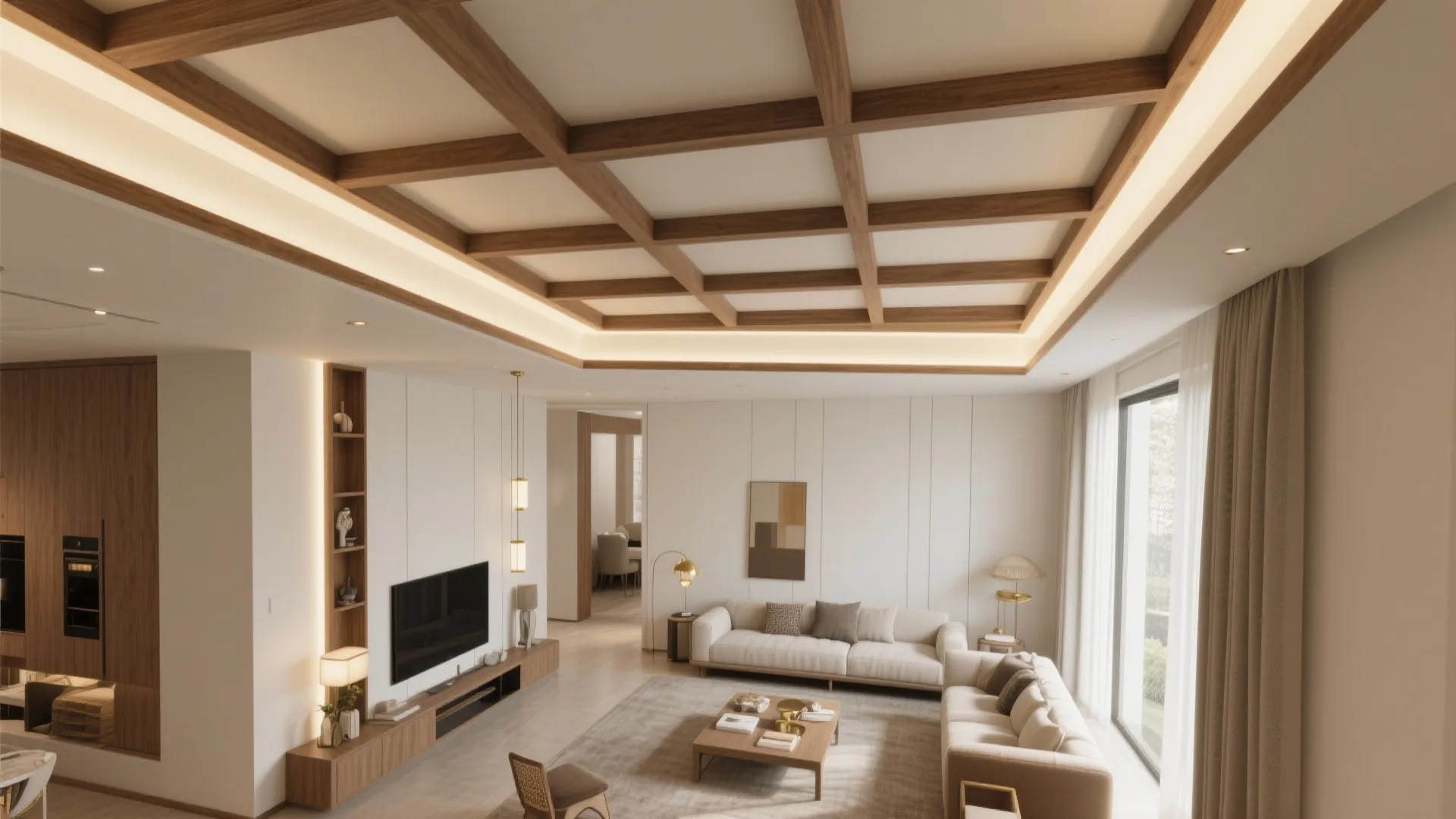Modern living room with grid wooden ceiling light panels cream sofa and large windows layout