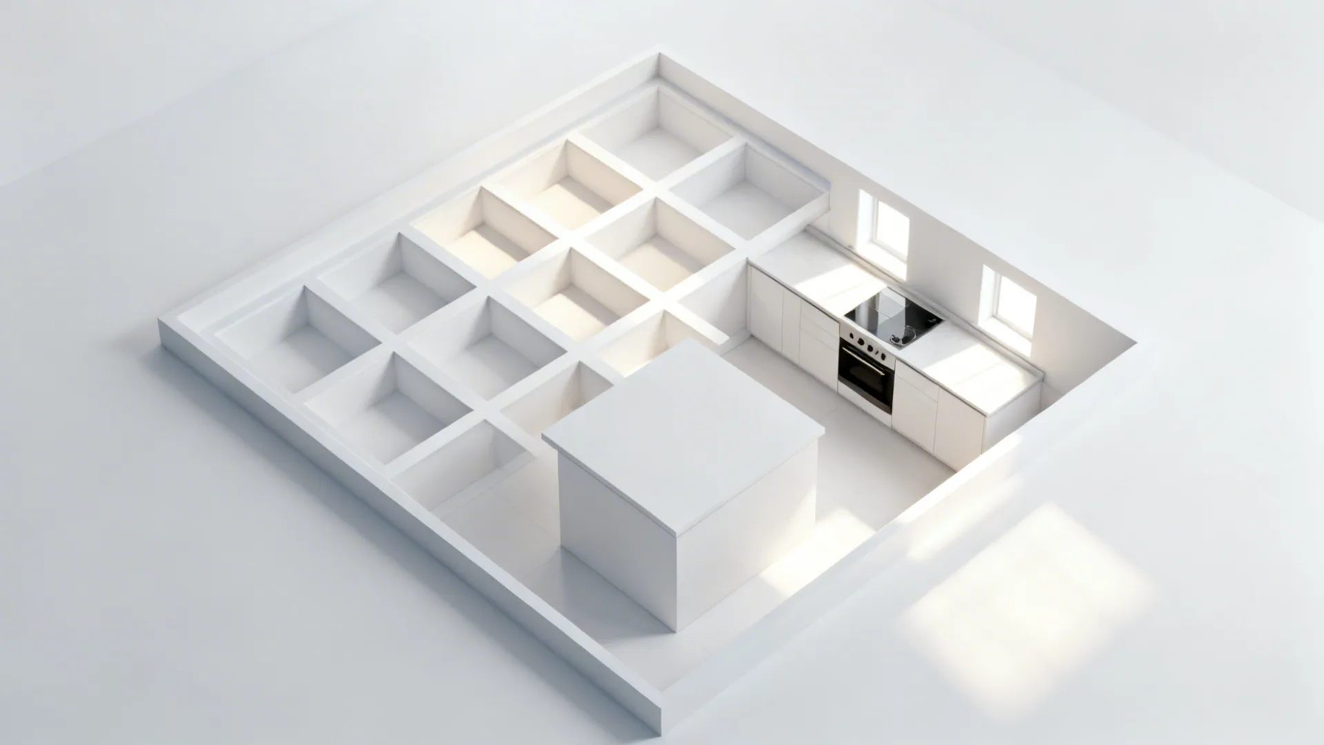 Top-down view of a kitchen plan showing a shallow coffered ceiling aligned to the layout.