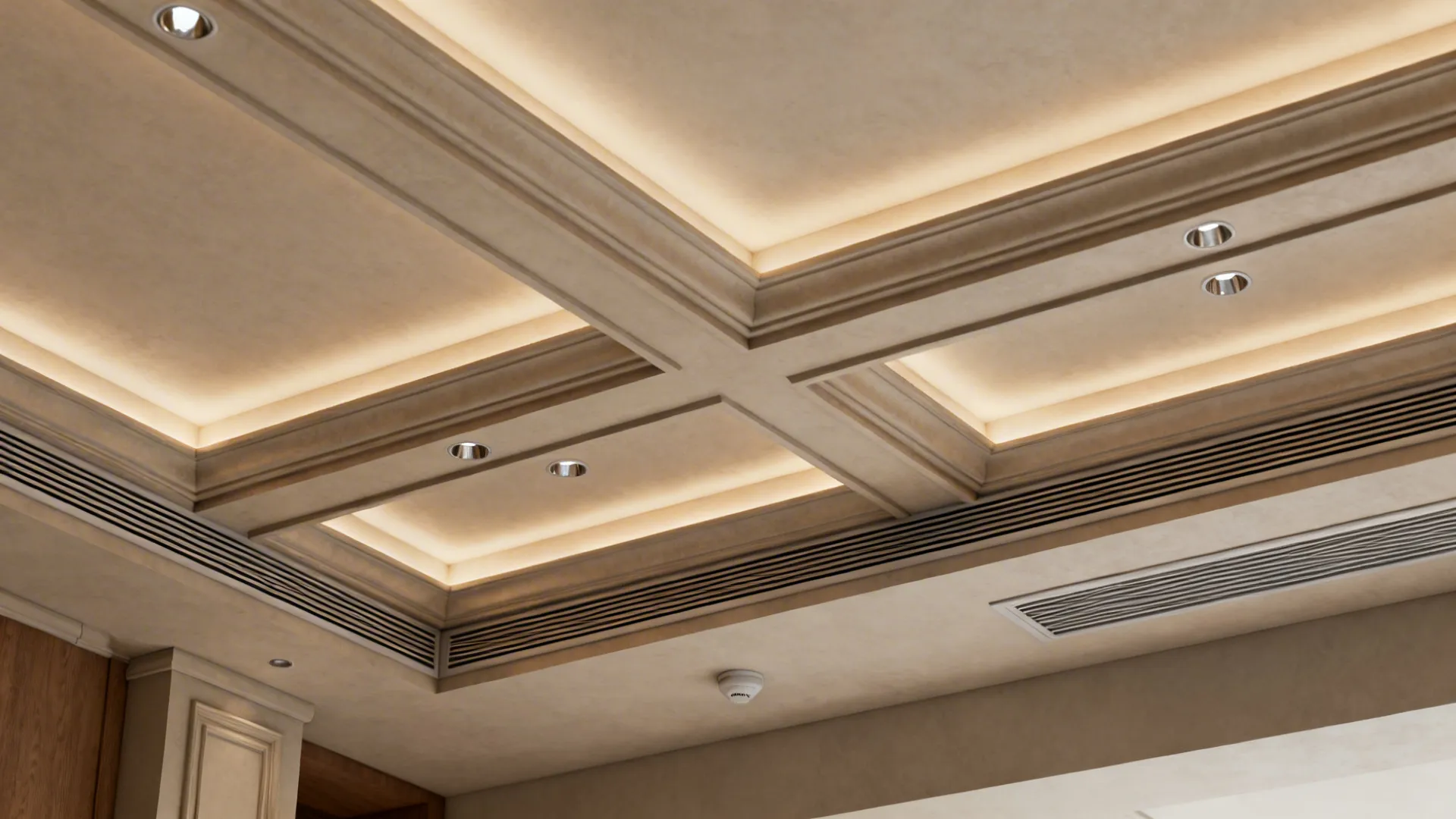 Coffered ceiling with shallow recessed lights integrated into beams to enhance depth and architecture.