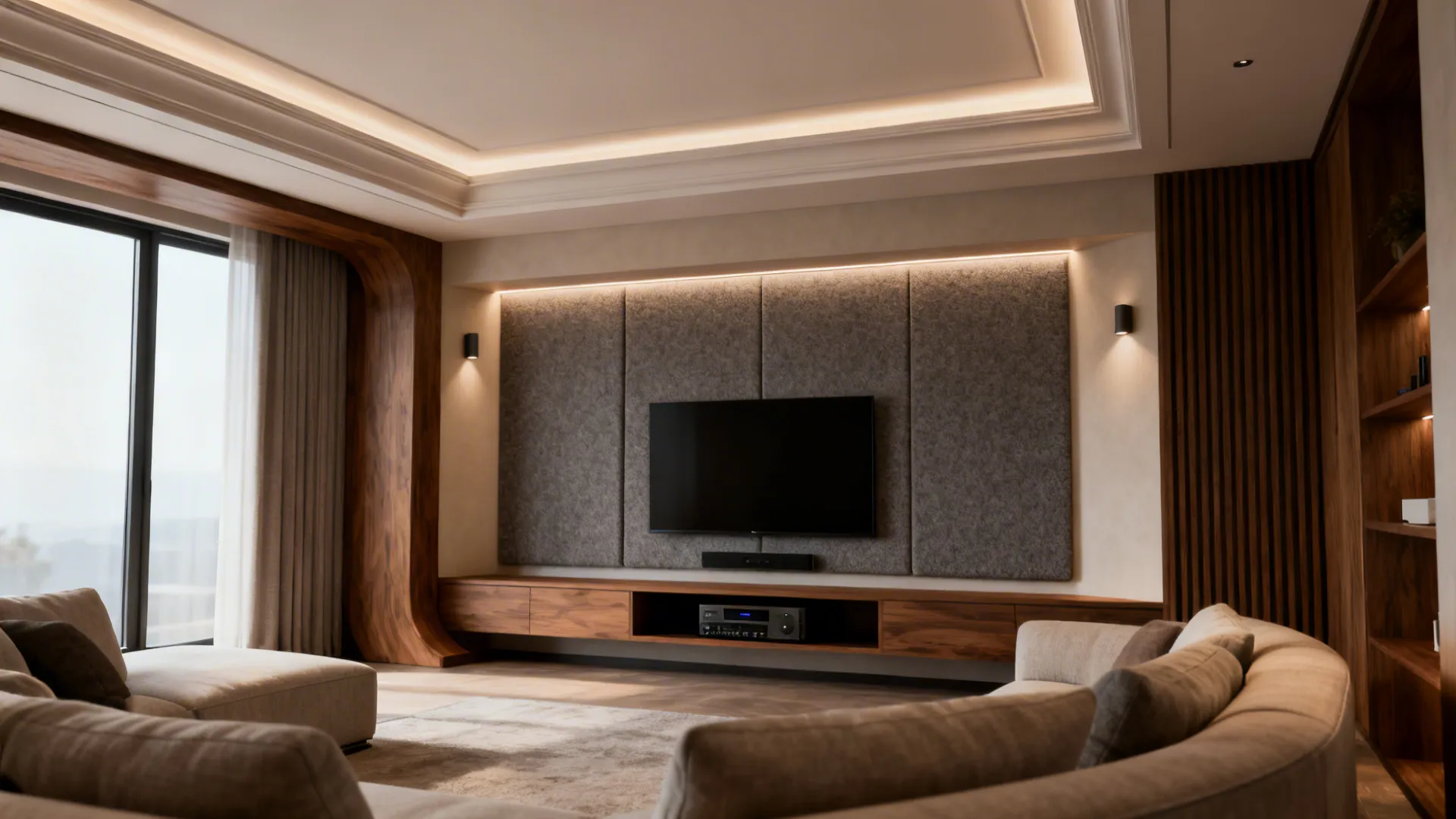 Shallow L-shaped coffer with acoustic felt panels and wall washers