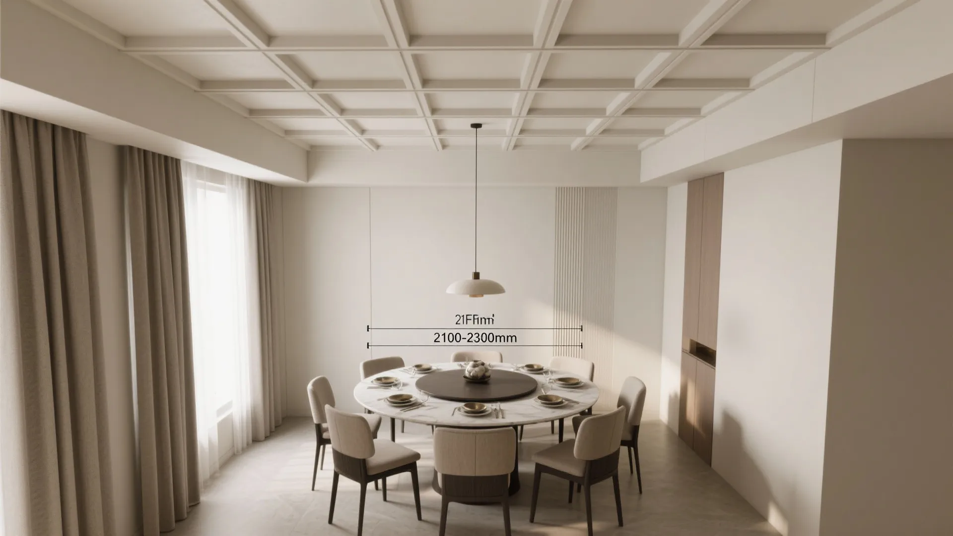 Interior design drawing showing a large dining table and chairs with dimensions on the wall