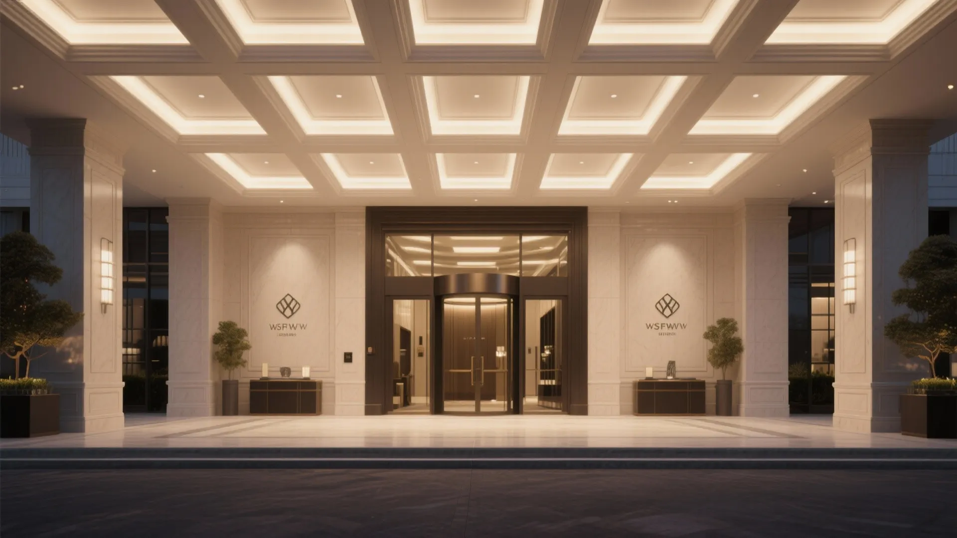 Coffered ceiling with subtle LED backlighting in a lobby