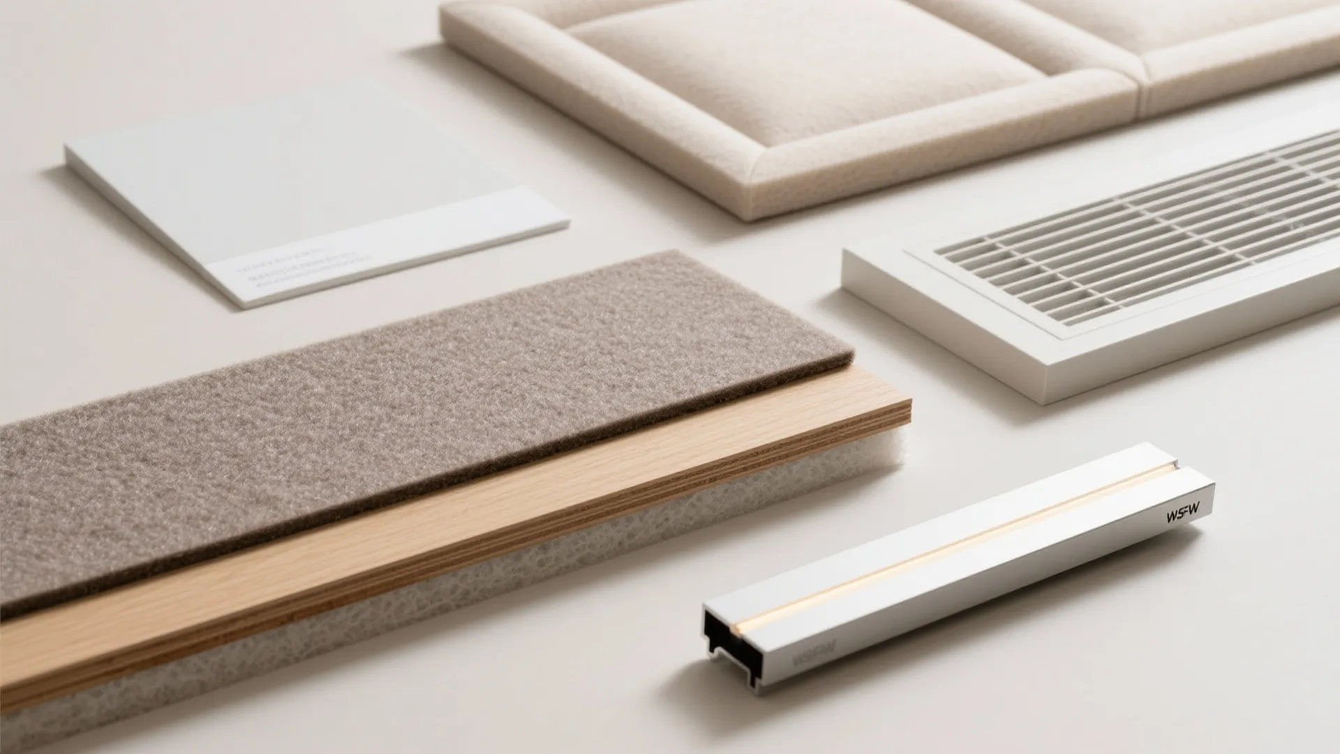 Flatlay of matte paint, acoustic fabric, foam core, wood, and LED profile materials.