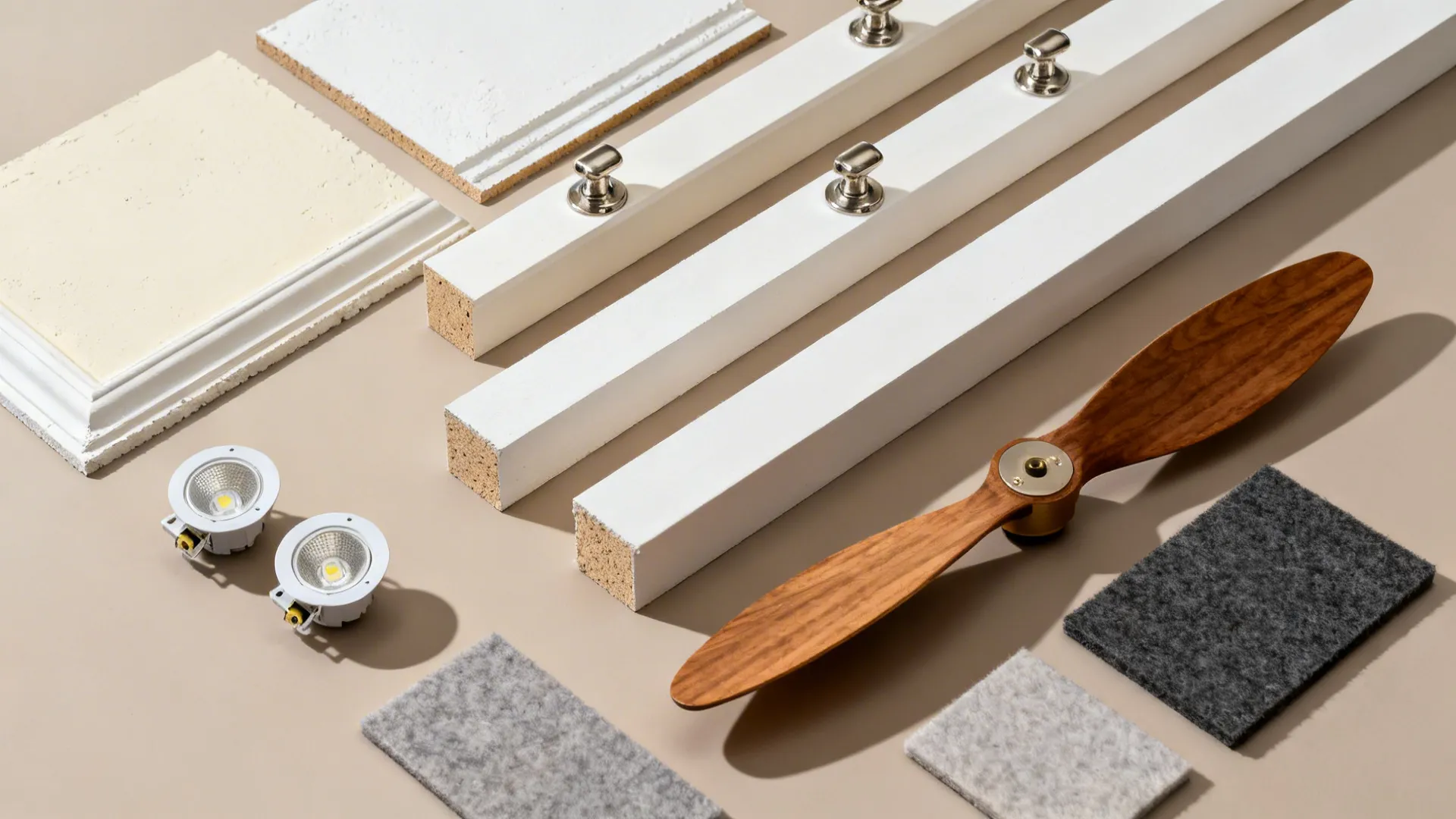 Flat lay of gypsum, faux beam MDF, brushed nickel, wood veneer blades, LEDs, and acoustic felt.