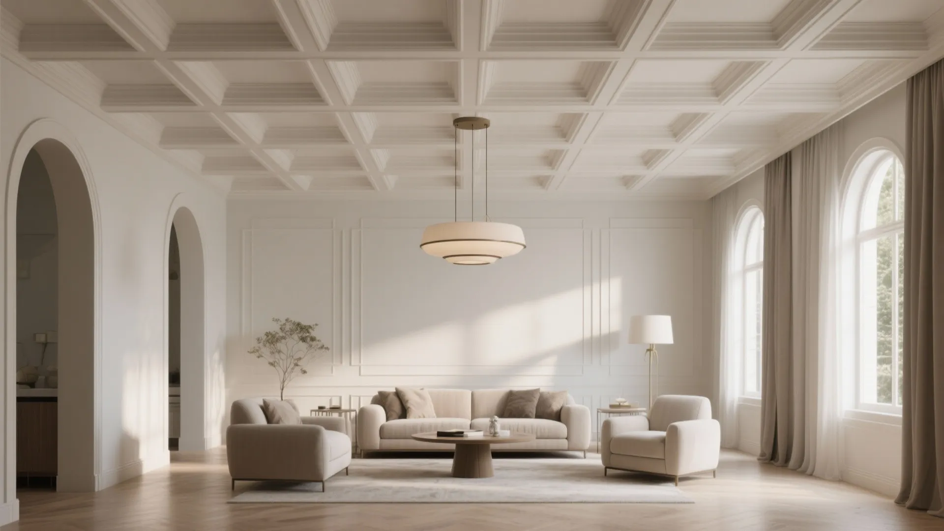 Living hall with a shallow coffered micro-grid ceiling and a central pendant.