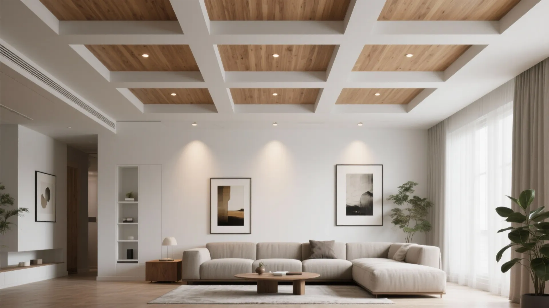 Contemporary living room with shallow oak coffered ceiling grid and recessed lights.